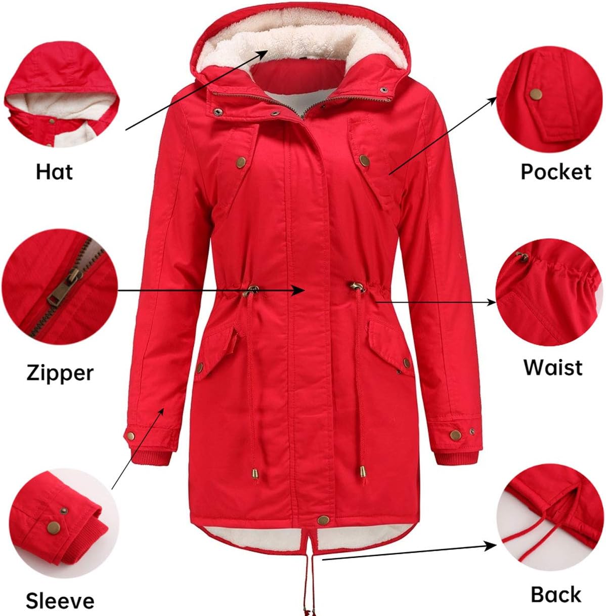 HOW'ON Women's Hooded Winter Coat Warm Fleeced Lined Long Jackets Thicken Parka Jacket