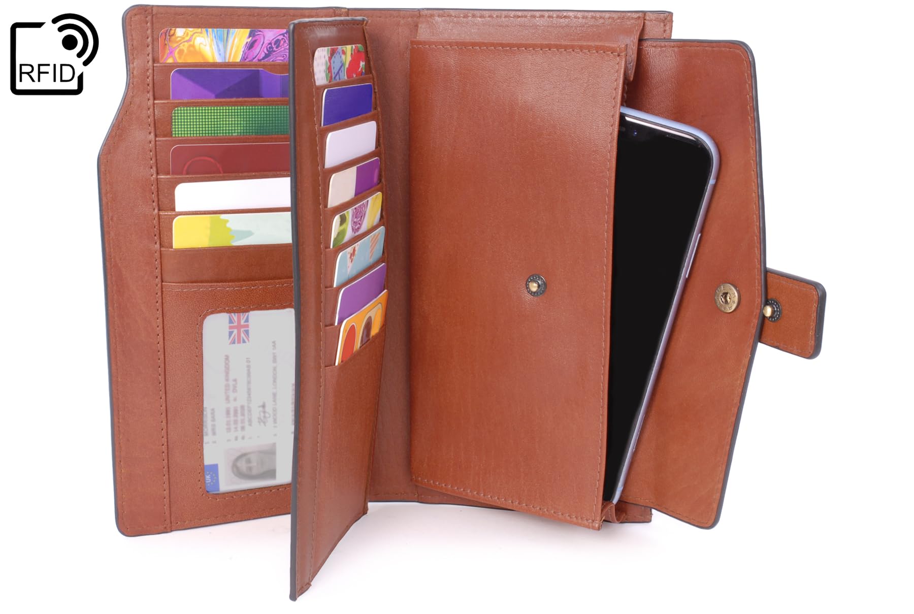 Catwalk Collection Handbags - Damen Leder Geldbörse Groß - Portemonnaie mit Handyfach - 21 Kreditkarte - RFID Schutz - Geschenkbox - Stella Hellbraun