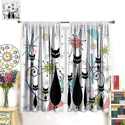 Miniatura 3 de Cortinas de estilo de mediados de siglo, diseño geométrico abstracto moderno, diseño retro, estampado de gato negro, para dormitorio, sala de estar,
