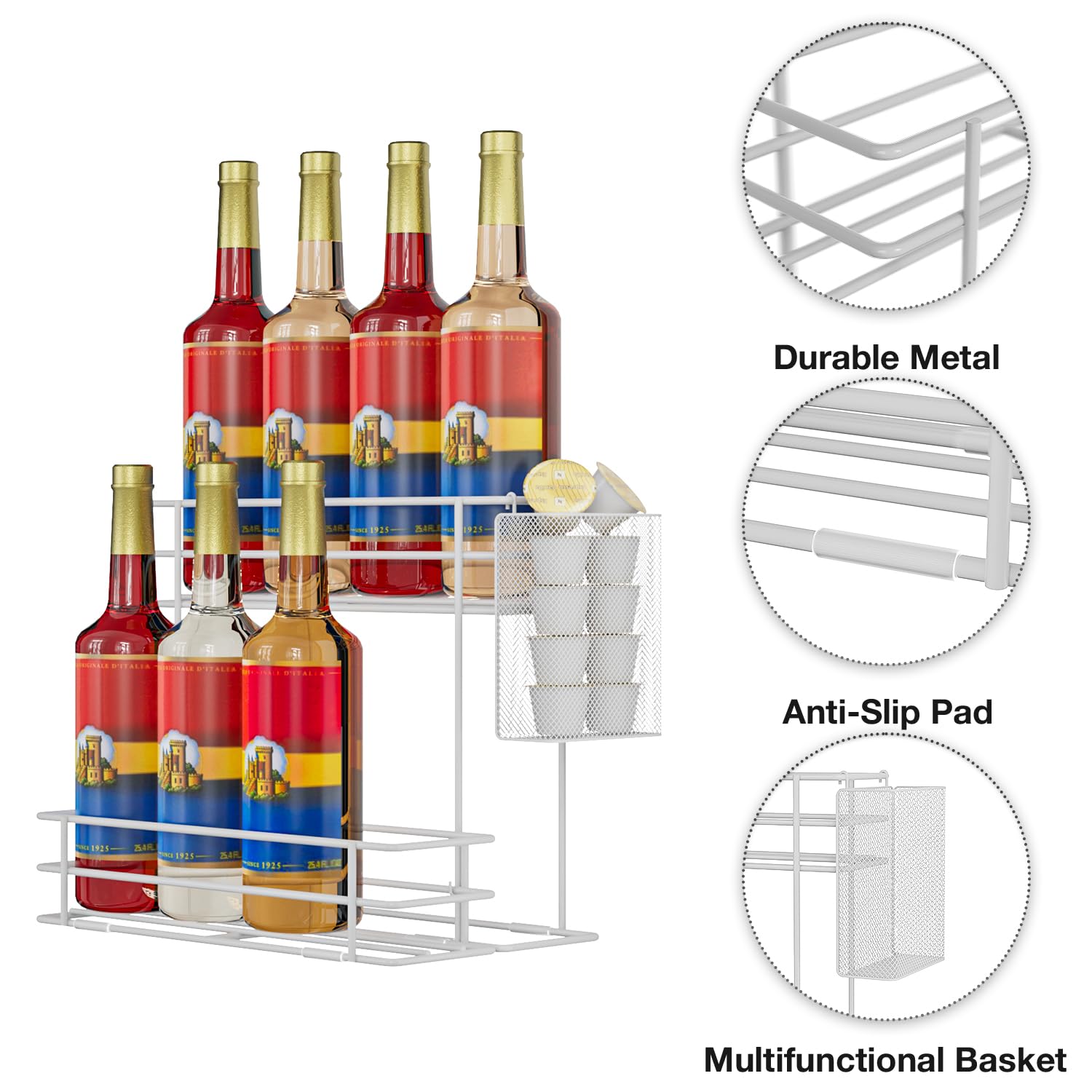 OVICAR Support de rangement pour sirop de café – 8 supports pour bouteilles de café et accessoires de station, 2 niveaux de rangement pour sirop, vin et vinaigrette – Blanc