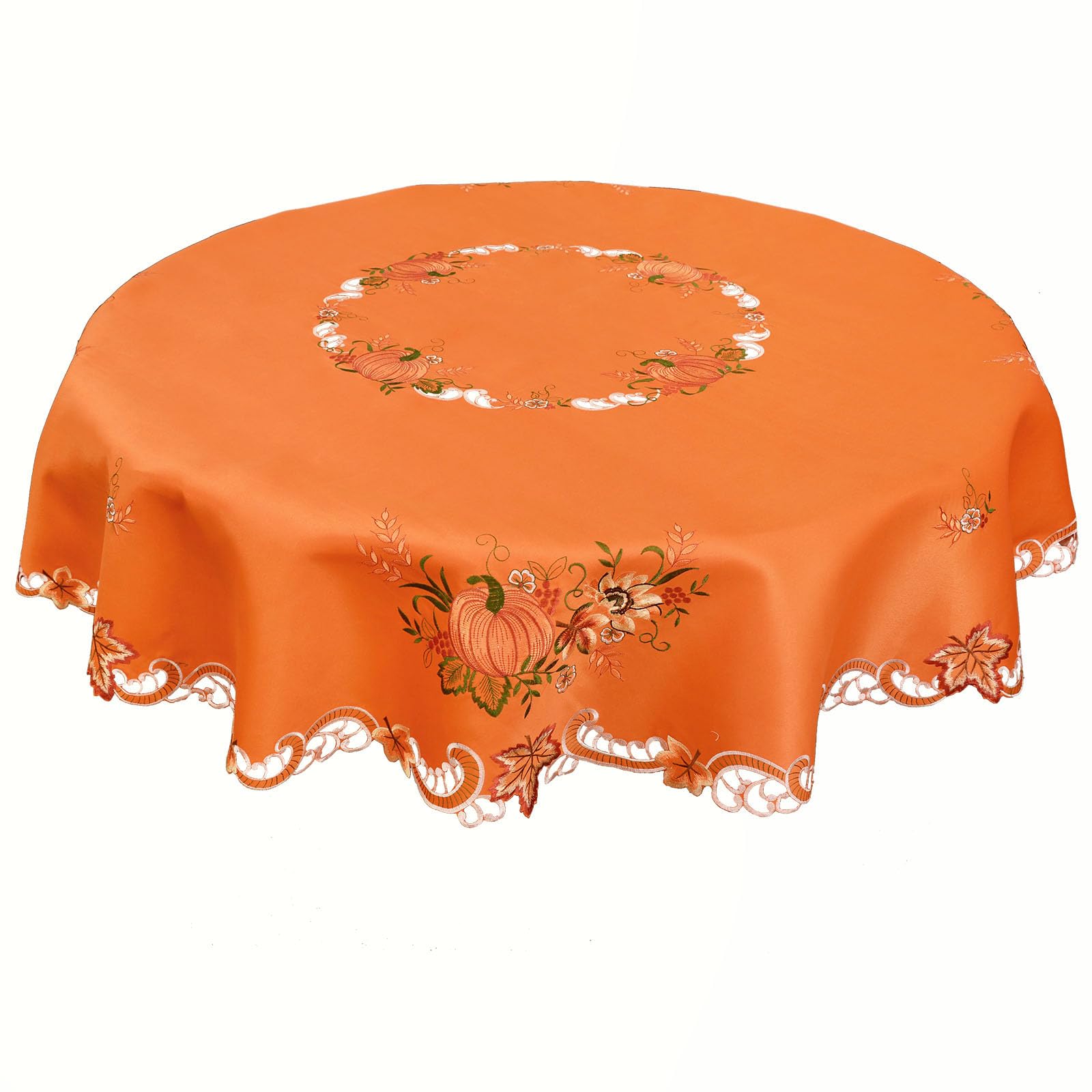 Simhomsen Embroidered Fall Autumn Harvest Pumpkins Orange Tablecloth for Thanksgiving (Round 70 inches)