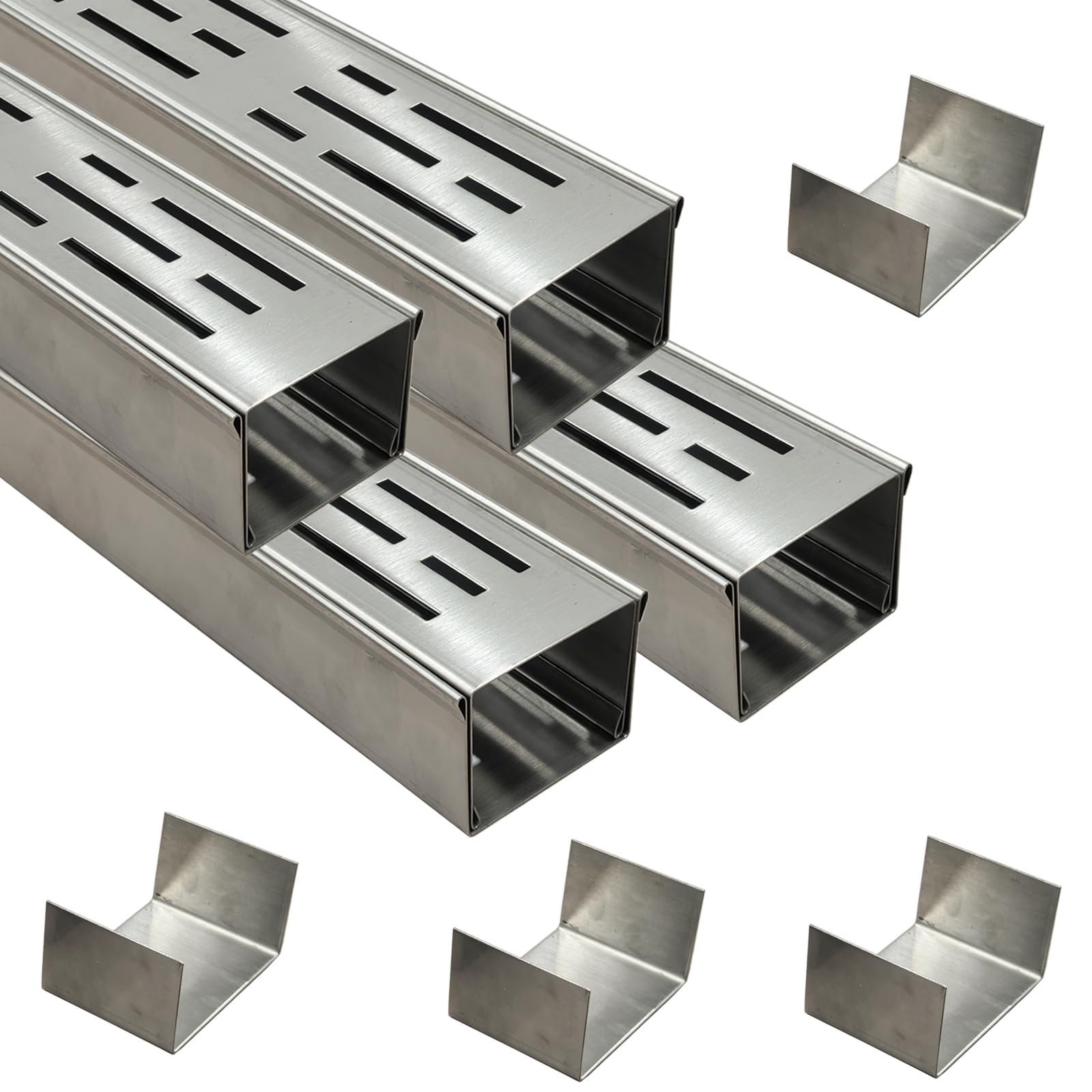 Piccolo Canaletta Scolo Acqua Piovana Acciaio Inox 304, Largo 7 cm, Lungo 4 m - Canalina Lineare per Terrazza, Piscina, Marciapiede - Kit con Griglia di Scolo e Connettore