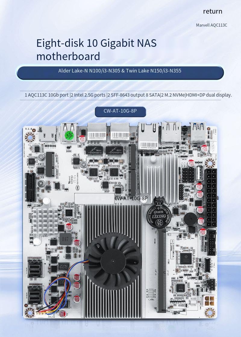 1 płyta główna NAS 10G, 2 i226-V 2,5 G, 3 LAN, 8 x SATA3.0 (2 x SFF 8643), 2 x M.2 NVMe, 1 x DDR5 PCI-E x4 gniazdo USB3.2 + typ C 10 Gbp Soft Router ITX płyta główna M.2 .2 E_Key WiFi HDMI/DP1.4