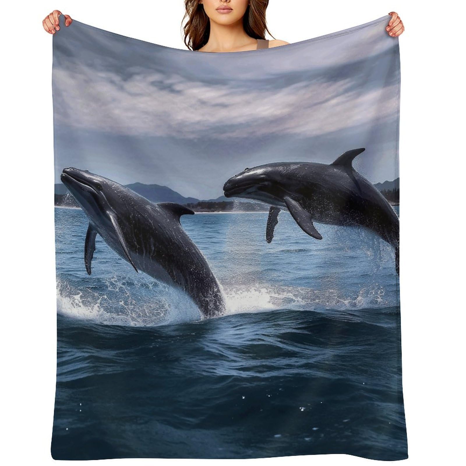 Flannel Fleece Throw Blanket - 60"x80" Super Soft Plush,Lightweight Wrinkle Resistant Cozy Jumping Whales Blanket for Couch Sofa Bed Travel Camping and Gift