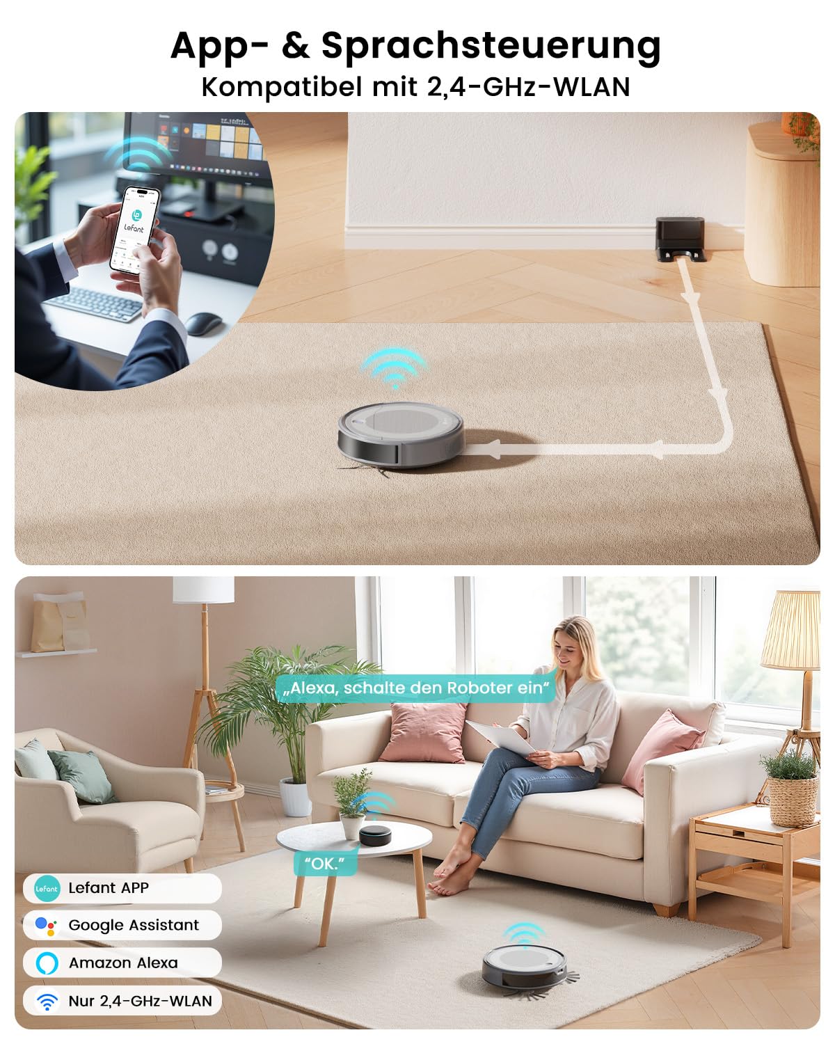 Lefant Saugroboter mit Wischfunktion, ToF-Lasernavigation, 6000Pa Staubsauger Roboter 7.9 cm Ultra Flach, Teppicherkennung, ideal für Tierhaare und Hartböden, App-/Alexa-Steuerung, M310 Ultra Grau