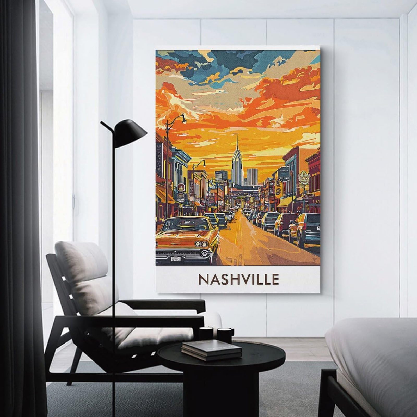 Junmoney Nashville Cityscape Sunset Wall Art Print 24x36inch(60x90cm), for Lounge, Study, Hallway Or Flat Walls, Decorative Artwork with Broad Appeal