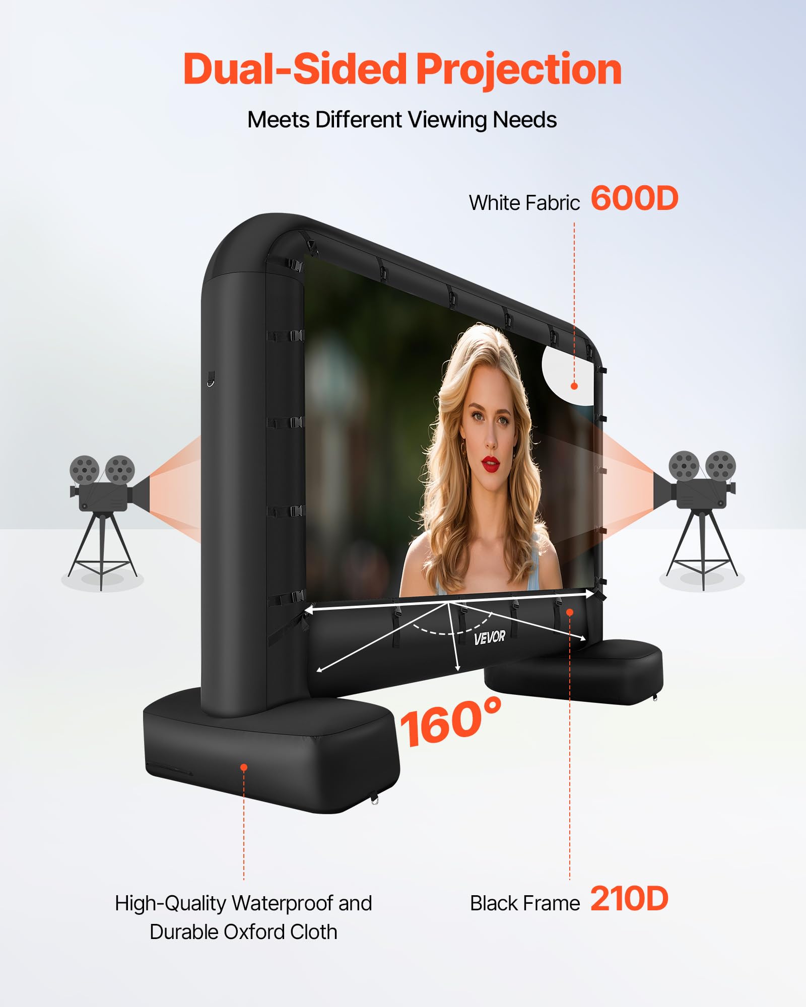 VEVOR Pantalla de Cine Inflable 259 x 146 cm 16:9 Lavable 600D con Bolsa de Almacenamiento Portátil Fácil de Instalar Visión de 160° Pantalla de Proyección para Exteriores, Cine en casa, Fiestas