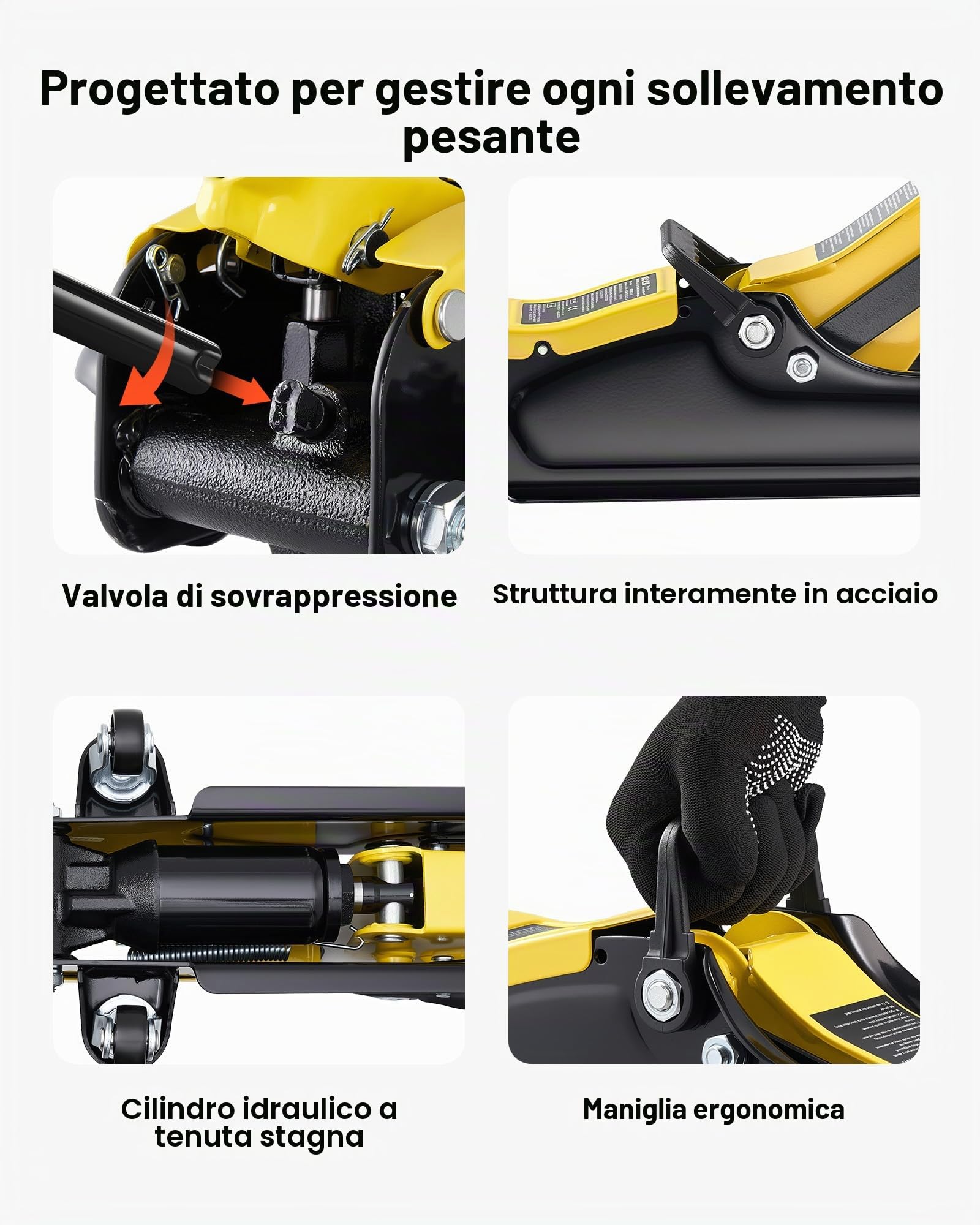 VEVOR Cric Idraulico a Carrello 2,5 Tonnellate a Basso Profilo, Cric Idraulico da Pavimento in Acciaio, a Pistone Singolo con Sella Rialzata, Altezza di Sollevamento 85-350 mm, per Auto, Moto e SUV