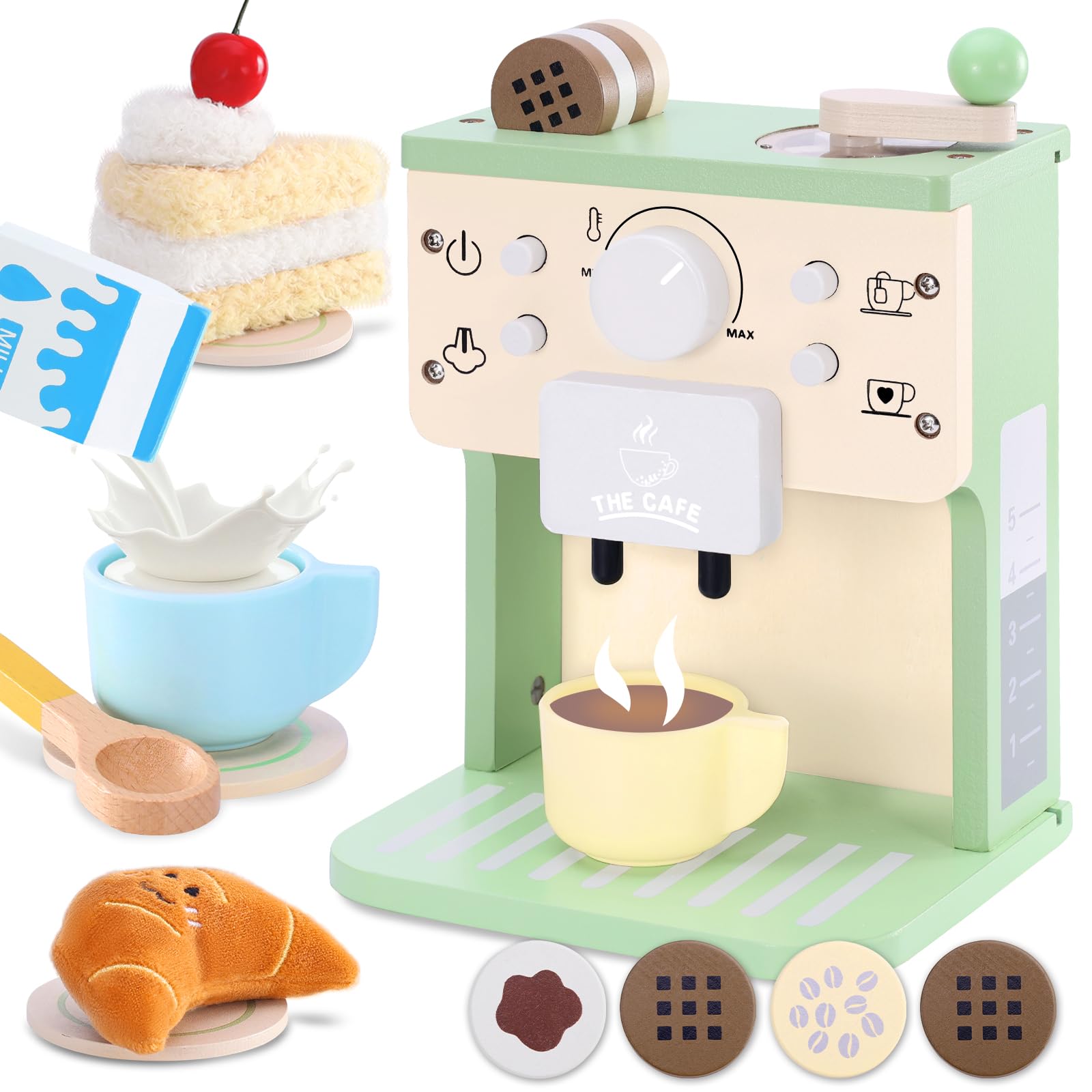 VBACALA Cafetière en Bois pour Enfants avec Son et Boutons,Cuisine en Bois pour Enfants avec Tissu Gâteau et Croissant,Jouets Educatifs Jeux de Rôle Montessori,Jeux de Cuisine,Cadeaux pour Garçons et