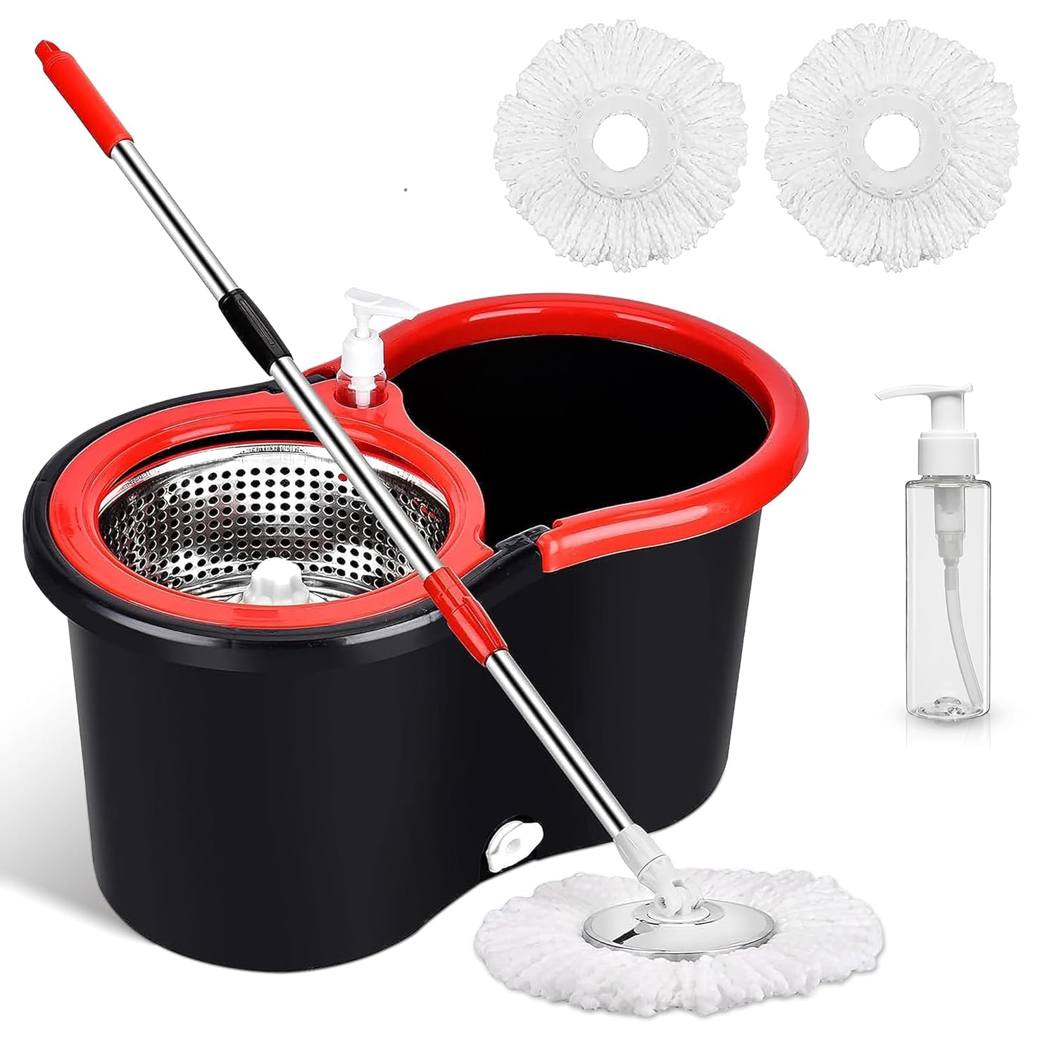 Zarish Home Mop and Bucket with Wringer Set, Hands Free Flat Floor Mop and Bucket, 2 Washable Microfiber Pads Included, Wet and Dry Use, Home Floor Cleaning System, Black and Red