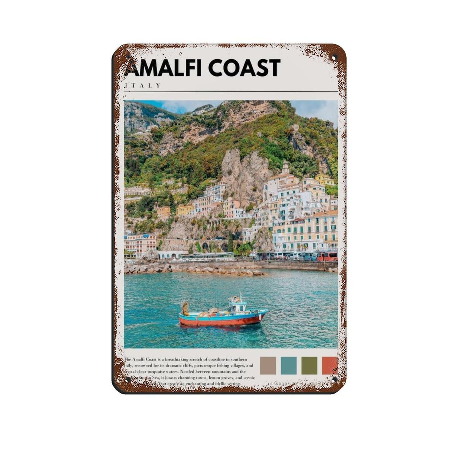 Amalfi Coast Italian Coastal Poster Retro Poster Metal Tin Sign Chic Art Retro Iron Painting Bar People Cave Cafe Family Garage Poster Wall Decoration 8x12inch(20x30cm)
