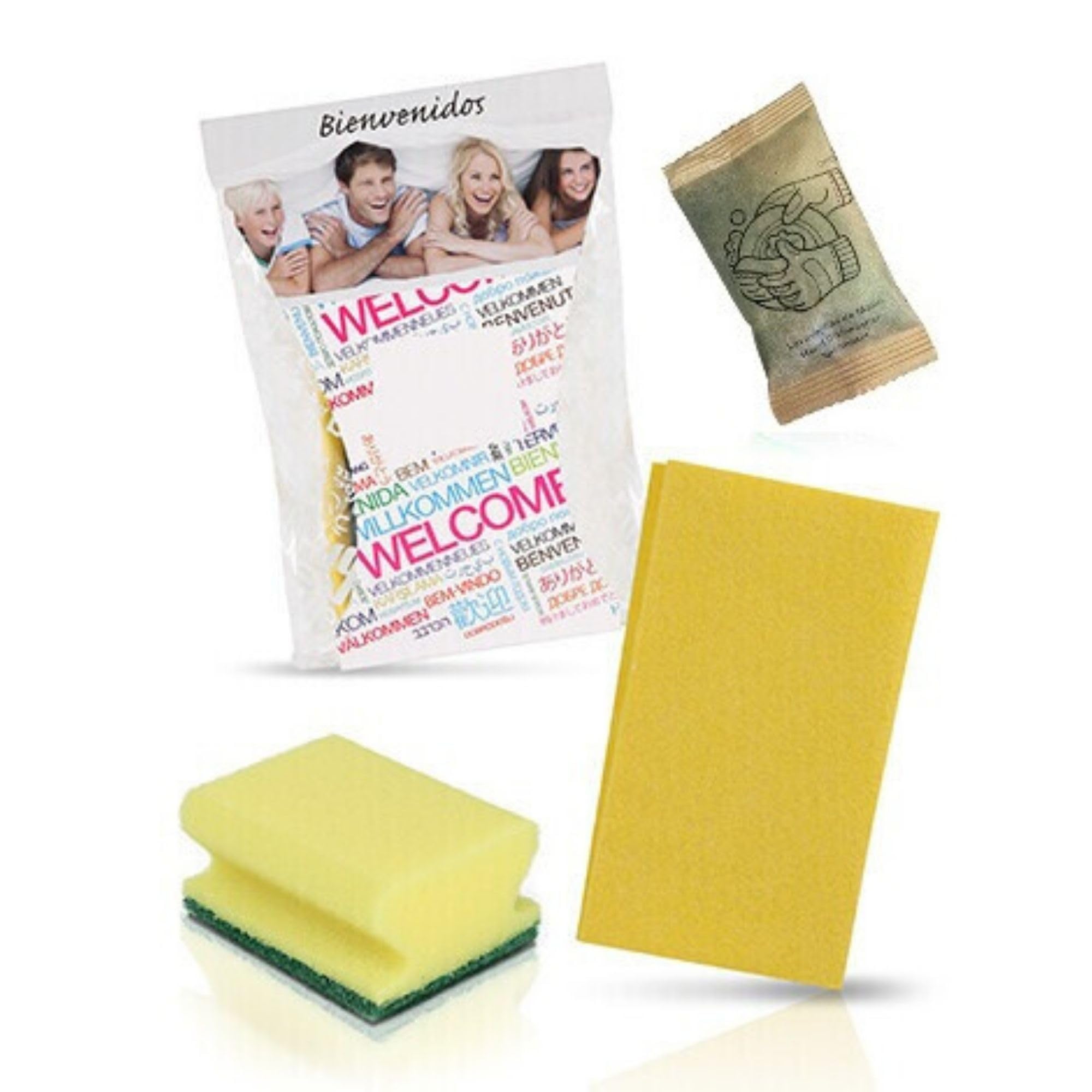 50 Kits de Limpieza para Cocina Alojamientos Turísticos – con Bayeta Amarilla, Esponja Salvauñas y Sobre de Lavavajillas 15ml – Amenities de Bienvenida – Hecho en España - Set de cocina para limpiar