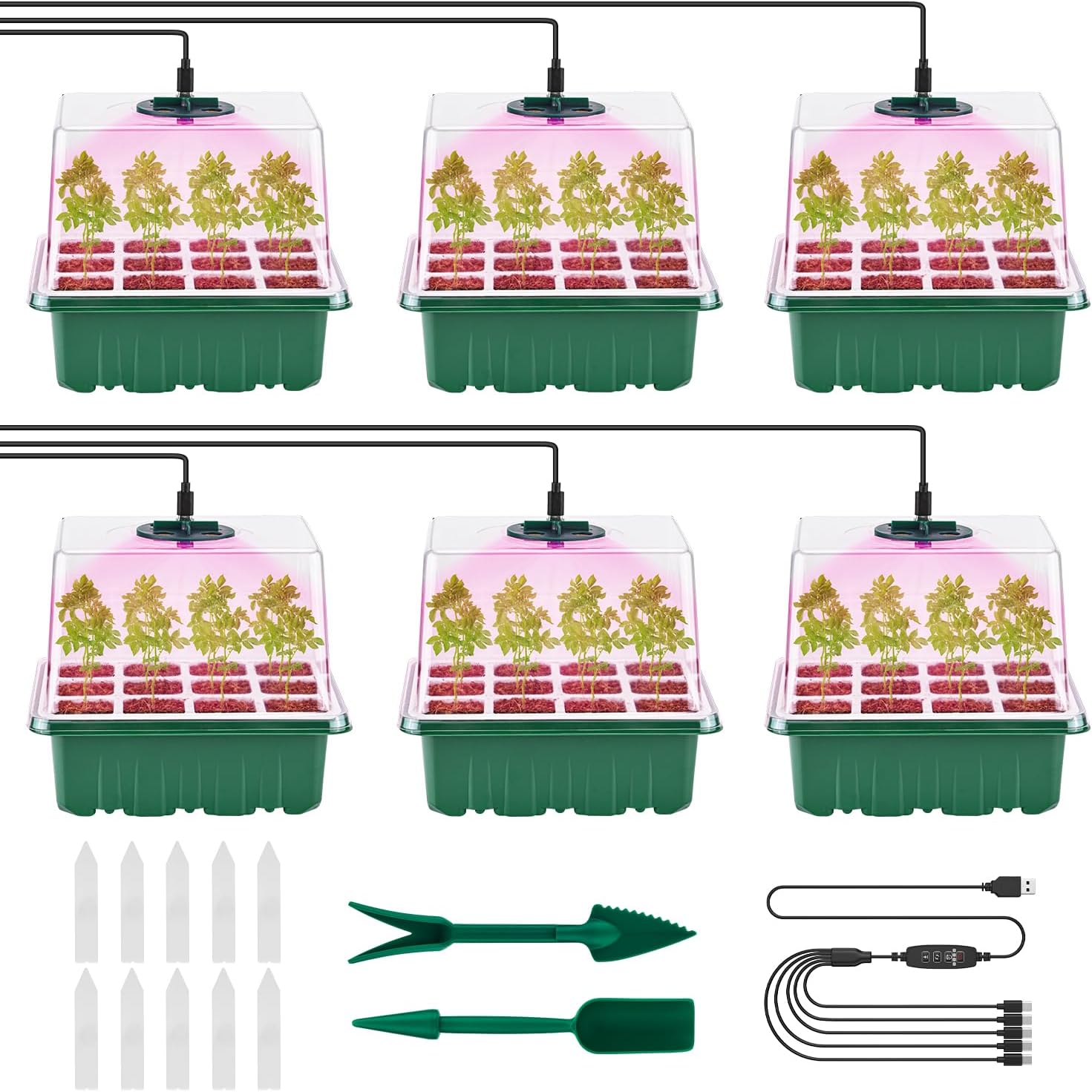 6 Packs Seed Starter Tray with Grow Lights, 72 Cells Silicone Seed Starter Kits with Humidity Dome, 3 Lights for Seed Starting, 4 Timing Set, 8 Full Spectrum Germination Kit for Plant Seeds