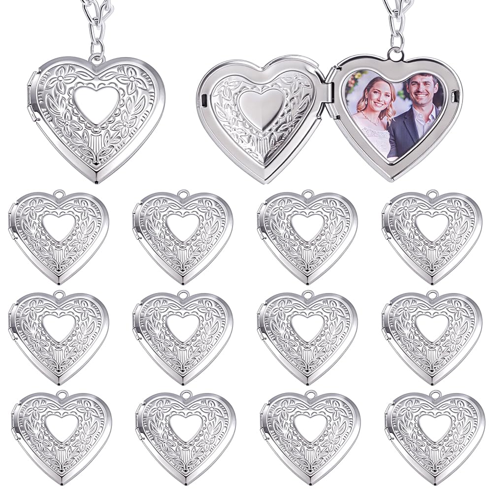 PH PandaHall 12pcs Heart Locket Charms, 316 Stainless Steel Photo Frame Charms Flower Emboss Memory Pendant for Mother's Day Jewellery Making Wedding Bouquet Pet Valentine Gift Decoration 20x21mm