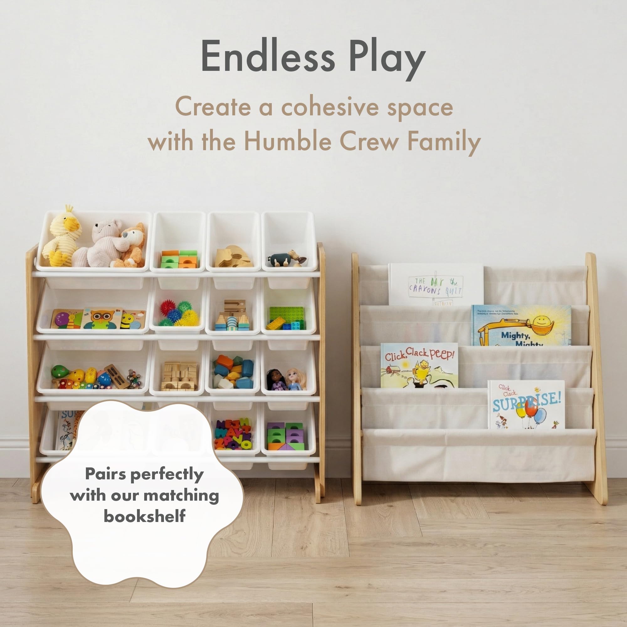 HumbleCrew Scaffale Bambini Spazioso: Organizer Giocattoli con 16 Contenitori, Design Naturale/Bianco, Ideale per Camerette Eleganti e Ordinate