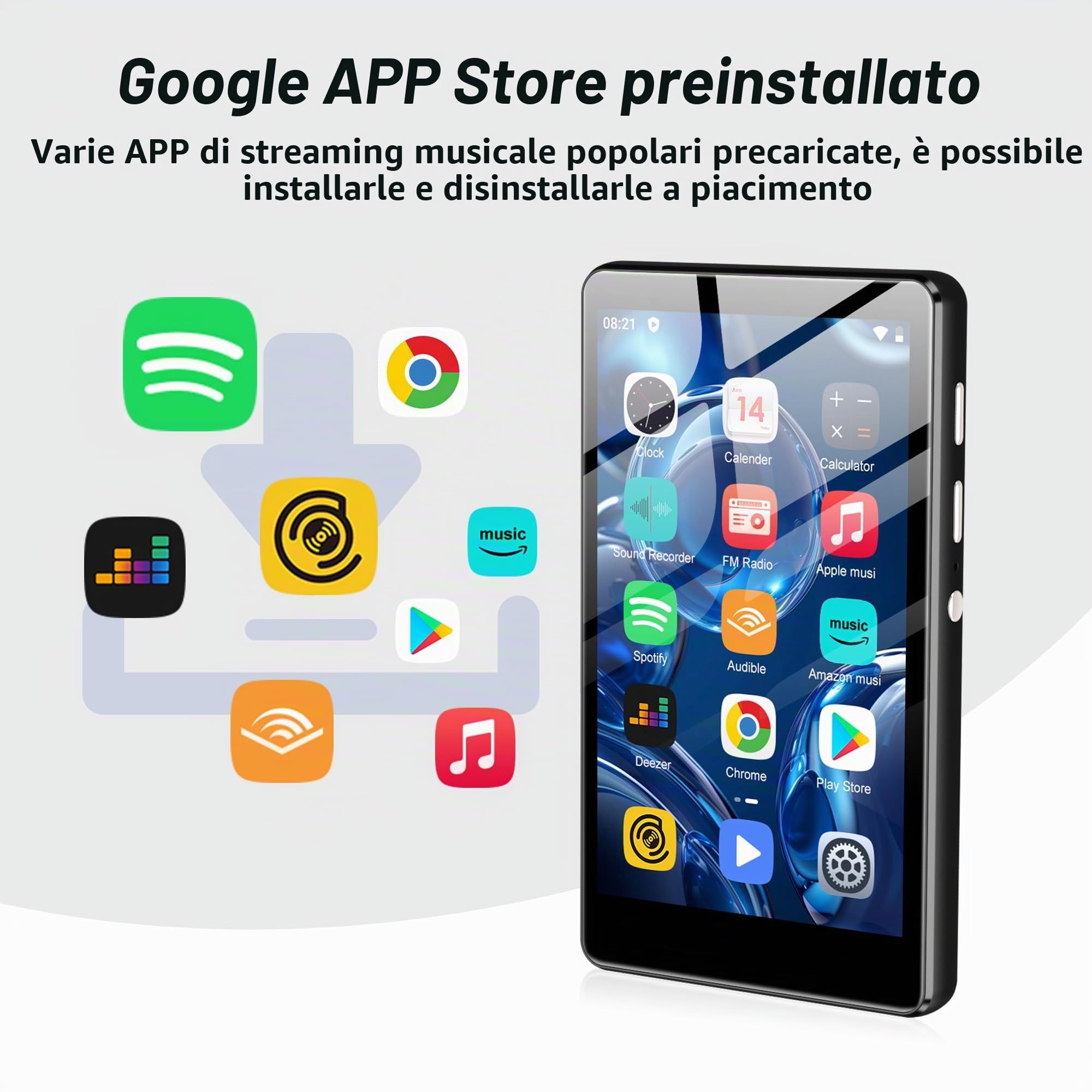 SWOFY M503Pro - Lettore MP3 da 80 GB, Android, Wi-Fi, Bluetooth, schermo touch da 4", compatibile con Spotify, Amazon Music, Audible, Libby, browser web, espandibile fino a 1 TB, nero