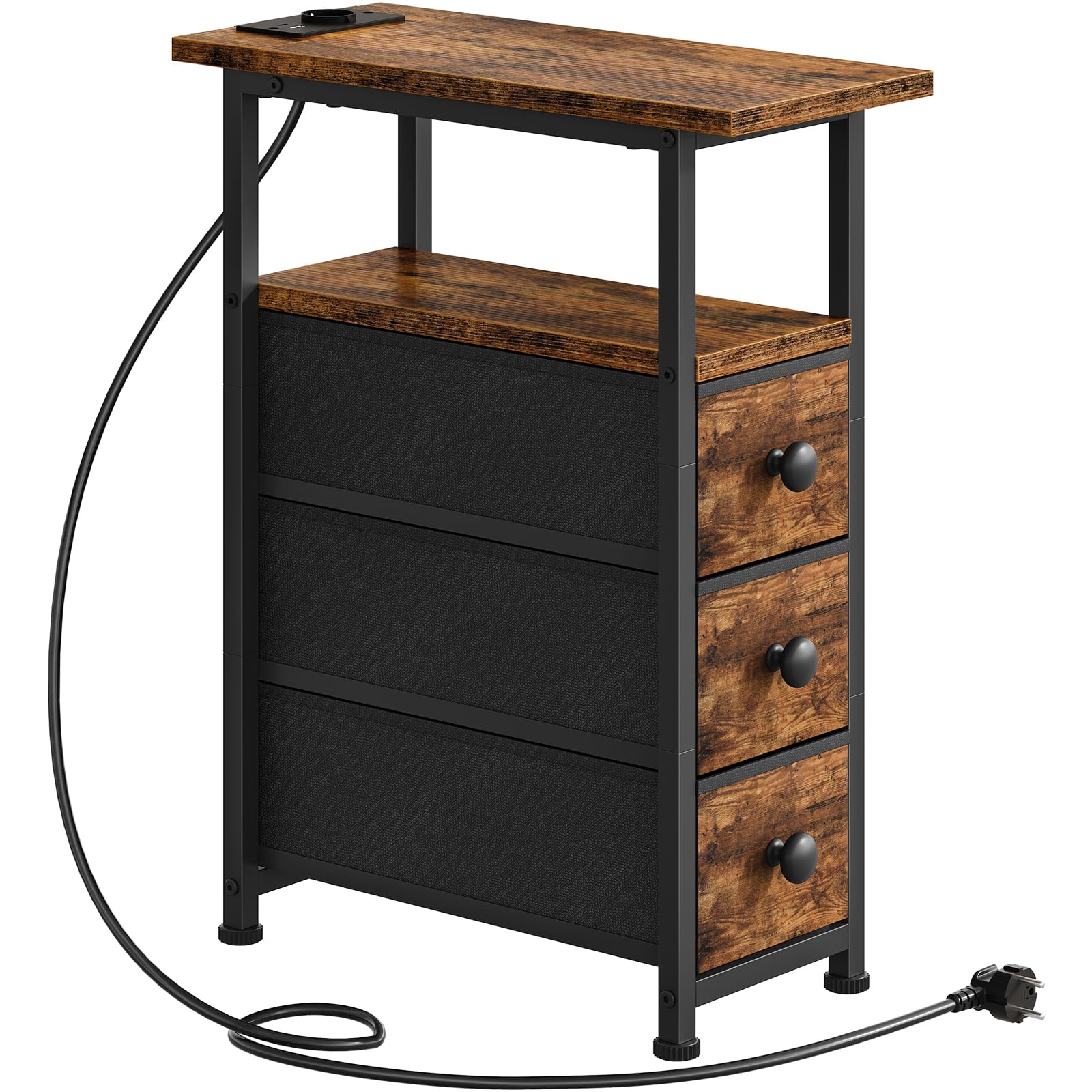 HOOBRO Comodino con Stazione di Ricarica, 1 Presa Standard e 2 Porte USB, Tavolino Stretto con 3 Cassetti in Tessuto, Tavolino da Divano, Comodino per Piccoli Spazi, Marrone Vintage e Nero EBF482CBZ01