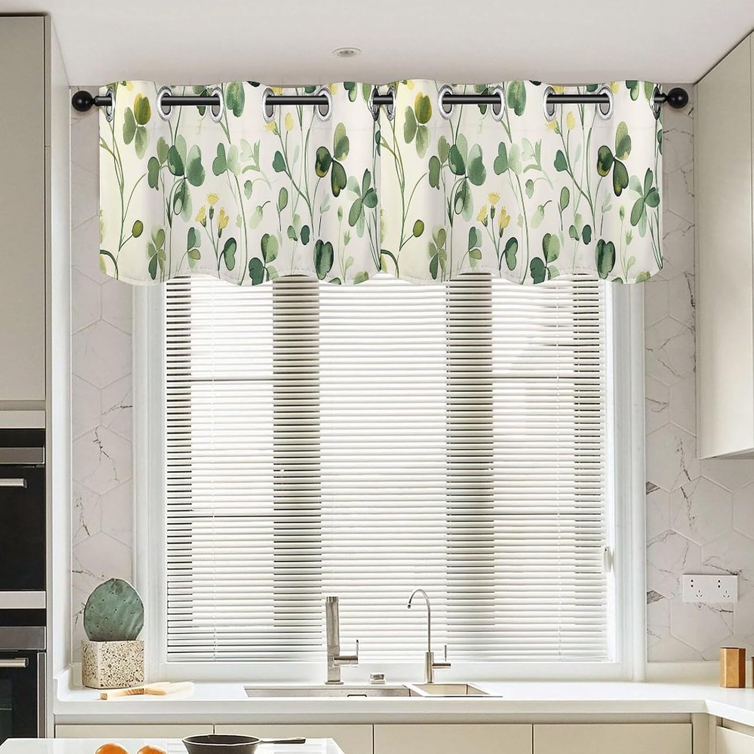 Green Vine Pattern Valance for Windows, 2 Pack Kitchen Curtains Modern Home Decor, Soft Blackout Window Curtains for Living Room & Bedroom, 18 X 52 Inch
