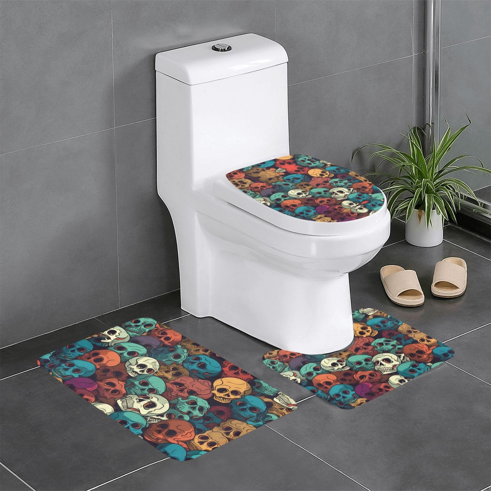 Tapis de salle de bain Many Skulls antidérapants : ensemble 3 pièces avec contour WC et ovale