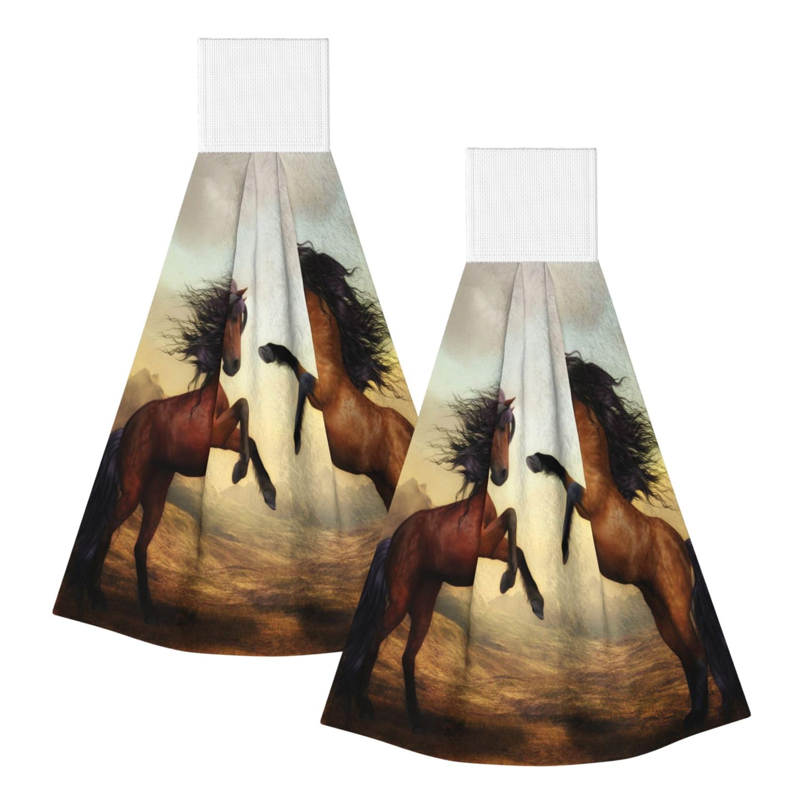 DOPKLNA Jumping Horse Printed, 2 Pcs Hanging Coral Fiber Hand Towels for Bathroom, Absorbent Kitchen Towels