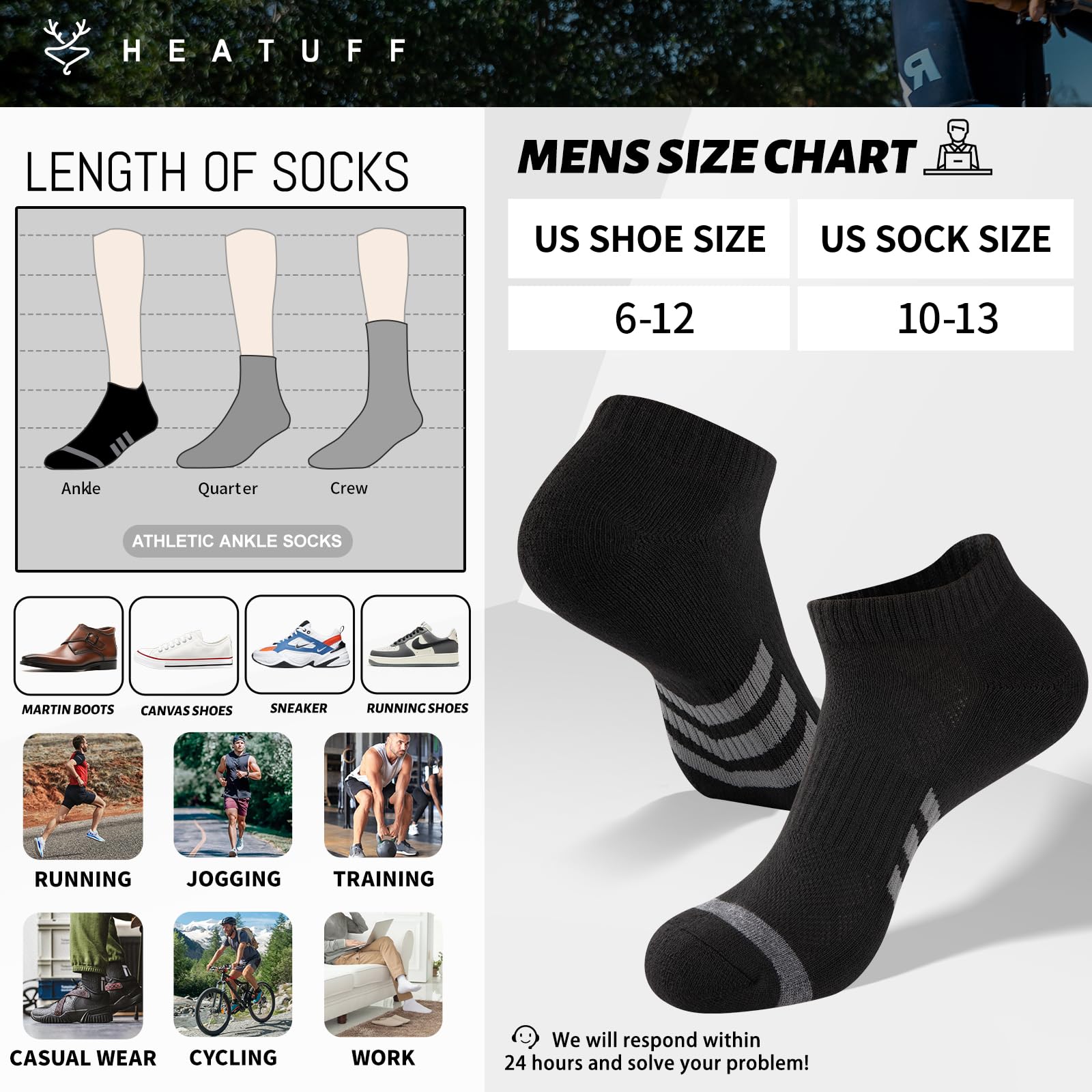 Heatuff 12 pares de calcetines de tobillo acolchados para hombre, atléticos, para correr, de corte bajo, transpirables, cómodos, casuales