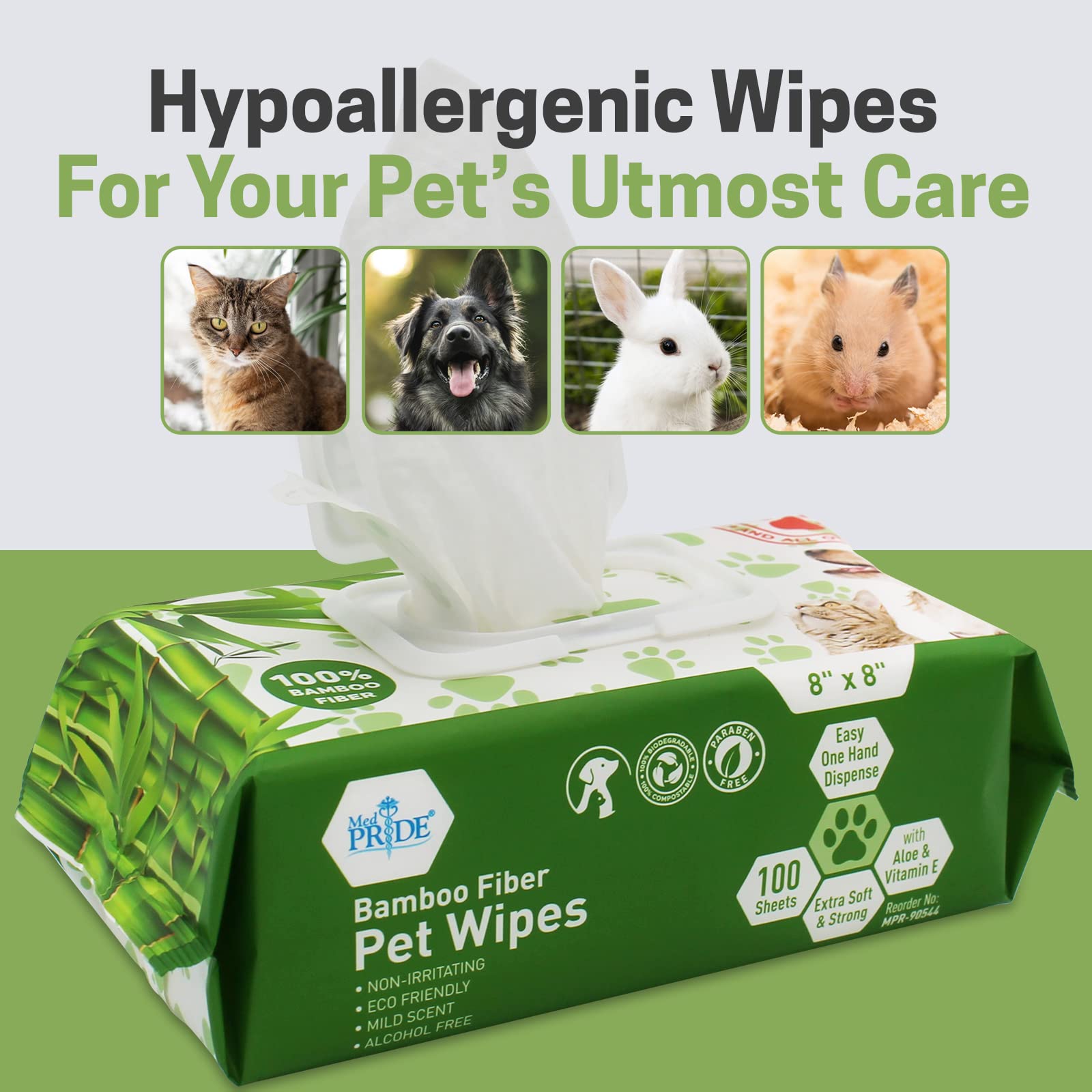 MED PRIDE Lot de 400 lingettes hypoallergéniques en fibre de bambou pour chien 20,3 x 20,3 cm