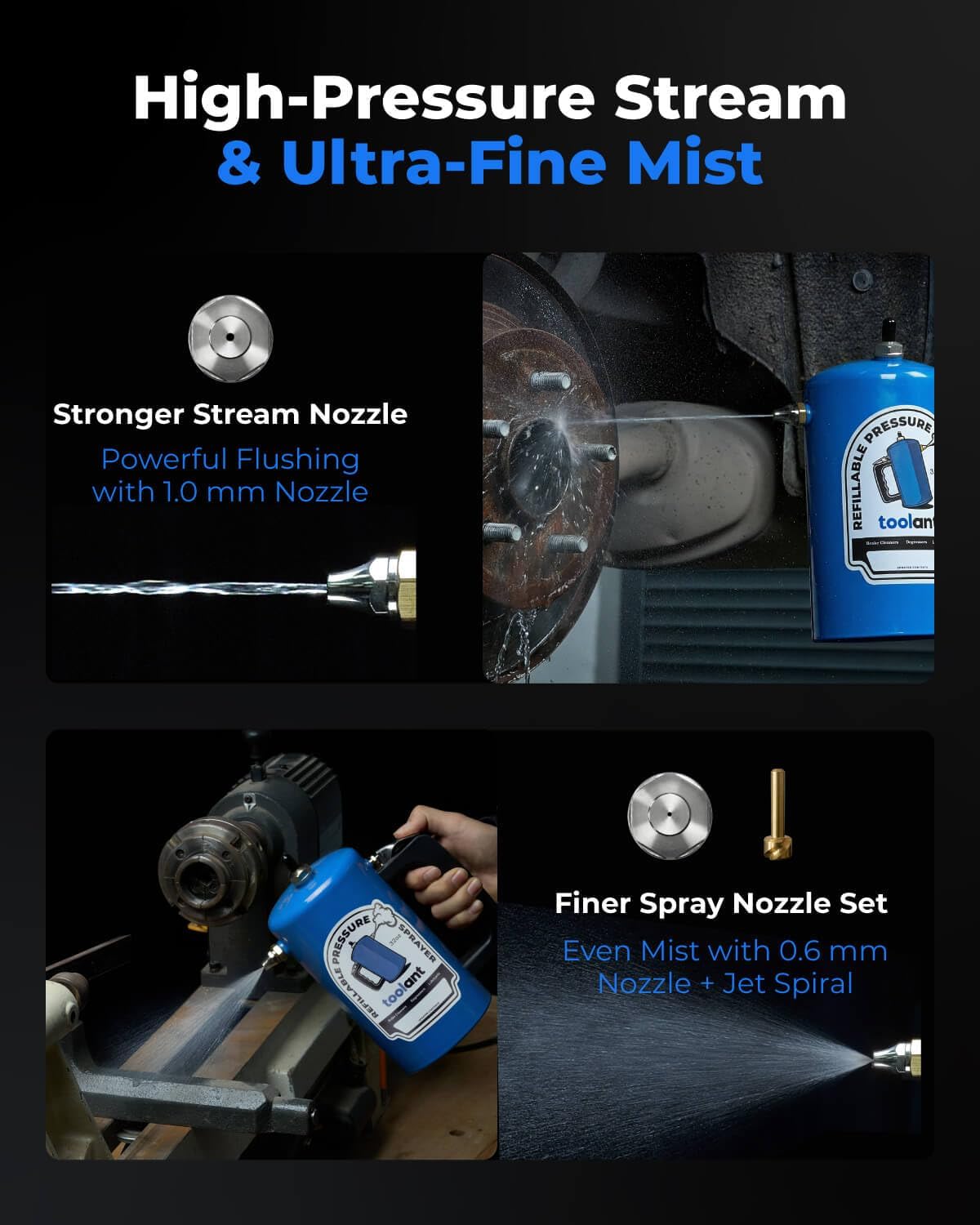 toolant 32oz Refillable Pressurized Sprayer, Steel Canister, Rust-Resistant Lining, Needle Valve Leak-Resistant, 1.0/0.6mm Nozzles, Funnel Included, 200 PSI Max, for Brake Cleaner & Solvents, Blue