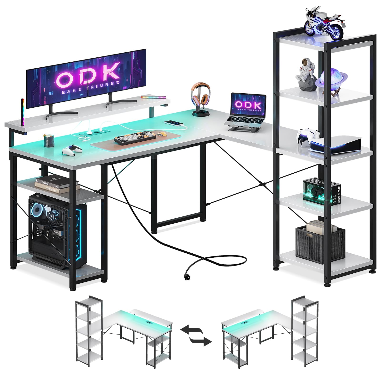 ODK Escritorio, Escritorio en L con con Estanteria, Escritorio Soporte de Monitor Largo (White, 140×137 cm con LED & enchufes estándar)