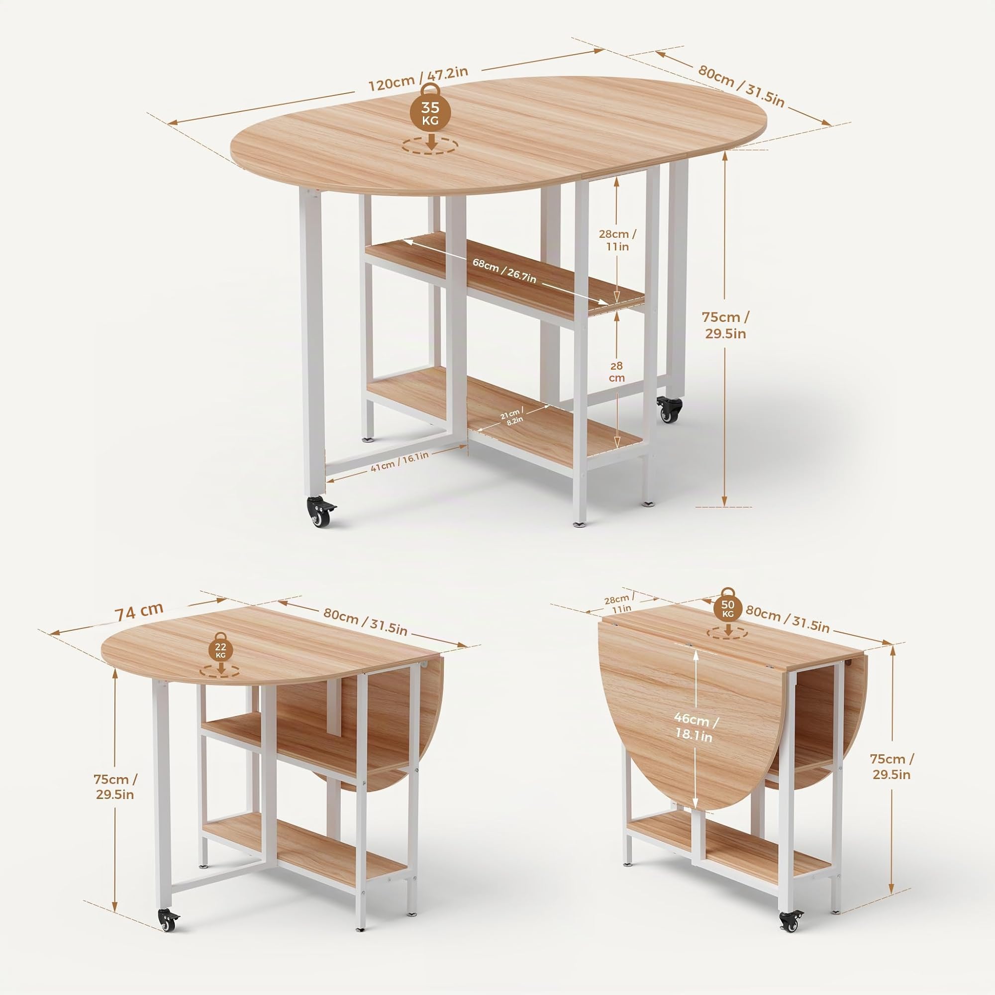 Mondeer Mesa de Comedor Plegable móvil con 2 estantes de Almacenamiento Abiertos, diseño de Bordes Redondos, Espacios pequeños, Comedor, Cocina, 120 x 80 x 75 cm, Roble y Blanco