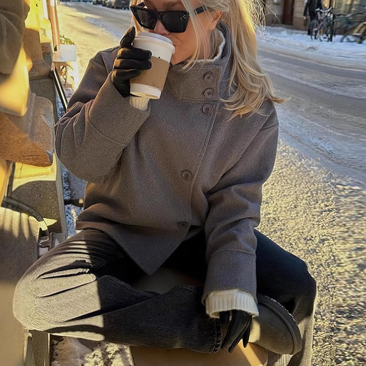 chouyatou Women's Winter Stand Collar Crop Wool Coat Single Breasted Short Blazer Jacket Coat Outerwear - Image 5