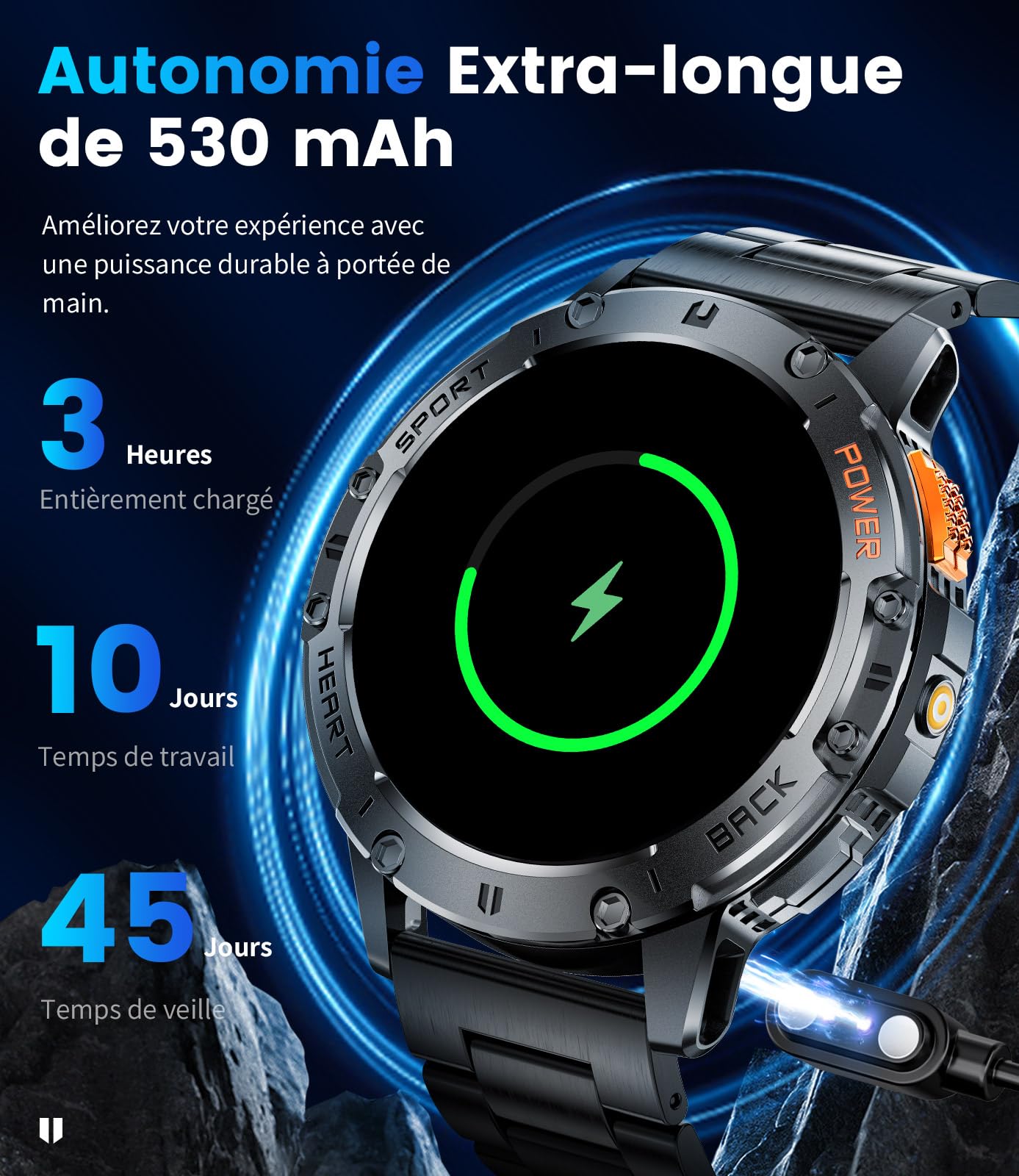 Montre Connectée Homme avec Appels Bluetooth/530 mAh, 1,43" HD AMOLED Smartwatch Homme avec 120+ Modes Sportifs/Moniteur de Fréquence Cardiaque/Sommeil/SpO2, IP68 Étanche Podomètre pour Android iOS
