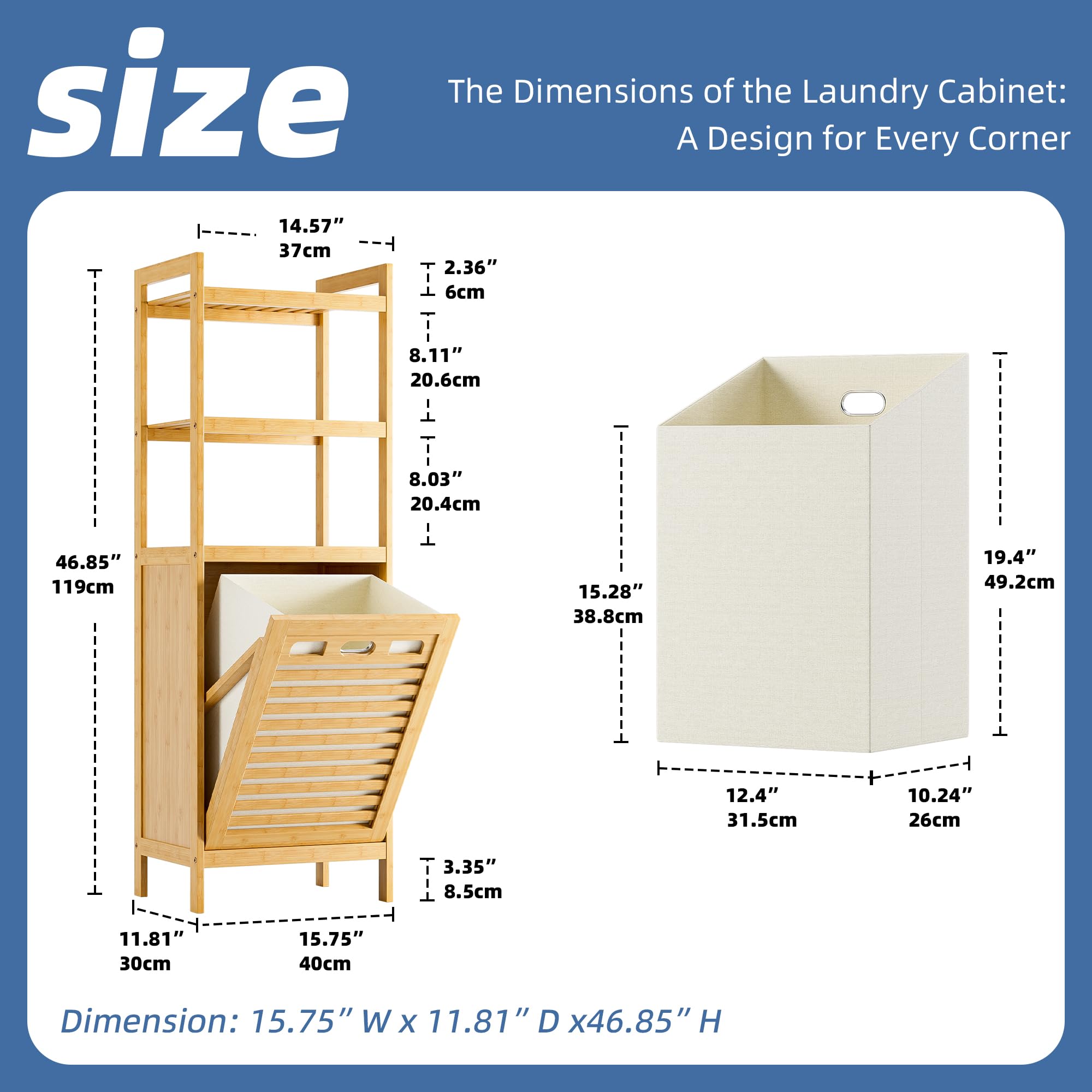 HITNET Meuble Salle de Bain avec Panier à Linge, Armoire Bas Salle de Bain en Bambou avec 3 étagères Ouvertes, 40L Sac Intérieur Amovible pour Buanderie, Toilette et Chambre à Coucher, Naturel