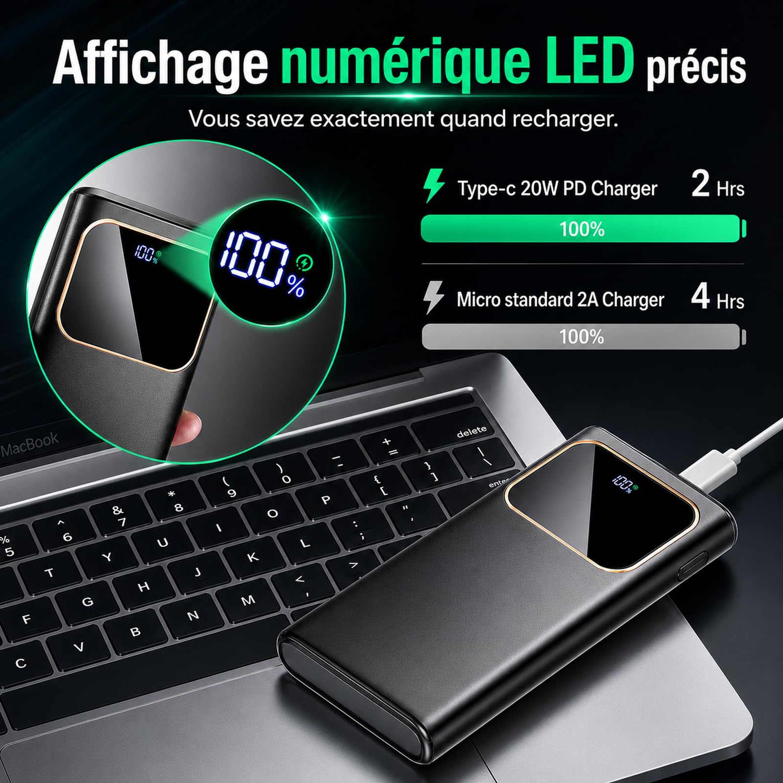 2026 Batterie Externe, 10000mAh 22.5W Power Bank, Batterie Portable USB C Input & Output PD3.0 QC4.0,Charge Rapide Powerbank à Affichage LED pour iPhone Samsung et Autres téléphone（Noir）
