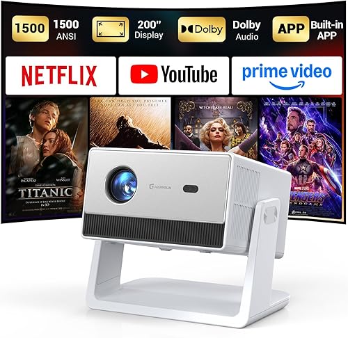 Mini proyector inteligente, proyector portátil 1500 ANSI con WiFi y Bluetooth, HAPPRUN 4K Full HD Home Theater con soporte de 270°, sonido Dolby,
