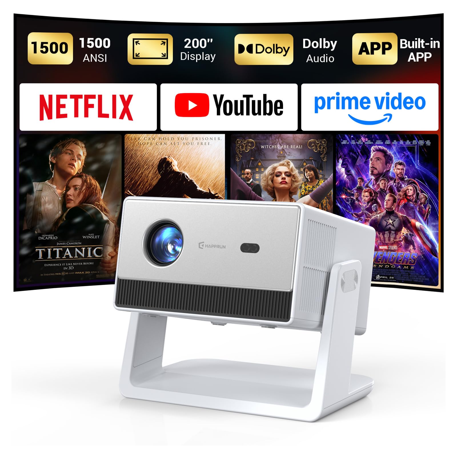 Mini Smart Projector, 1500 ANSI Portable Projector with WiFi and Bluetooth, HAPPRUN 4K Full HD Home Theater with 270° Stand, Dolby Sound, Built-in Apps,Compatible with Phone & PC, Indoor & O