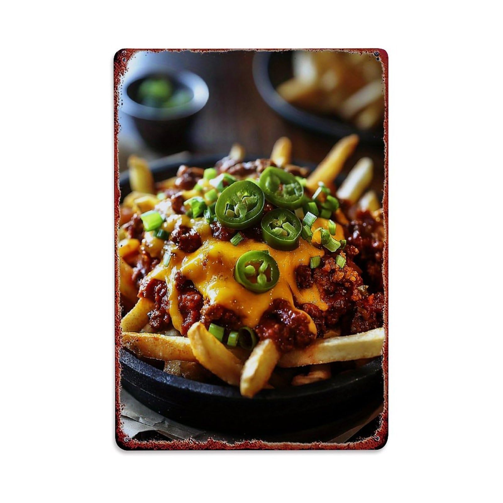 Jdyaojiesheng Vintage Cheese Fries Chili Jalapeno Onions Tin Sign Retro Metal Wall Decor Metal Poster, Home Bar Garage Farmhouse Cafe Wall Art Decoration 8X12inches
