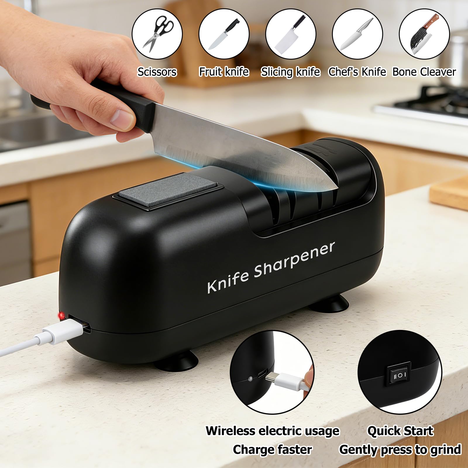 afilador cuchillos electrico, afilador de cuchillos profesional, afilador eléctrico, electric knife sharpener, adecuado para cuchillos de doble bisel y dentados, poco ruido, fácil usar - Black