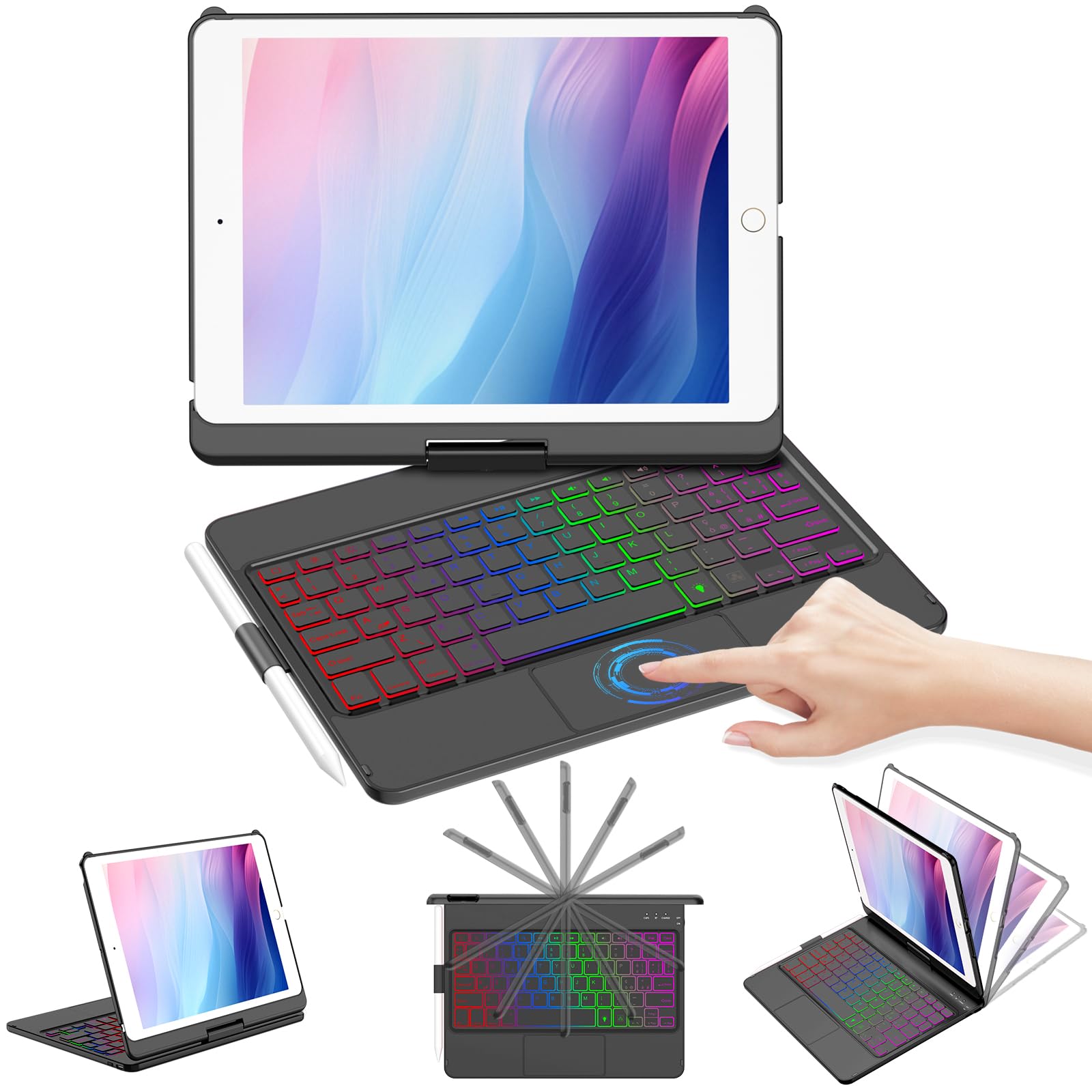 Custodia con Tastiera Touchpad per iPad 9a Gen 10.2" 2021,Tasti Multi-Touch e Retroilluminati,Ruotabile a 360° e Supporto per Matita,Custodia con Tastiera Trackpad per iPad 10.2 iPad 9a/8a/7a