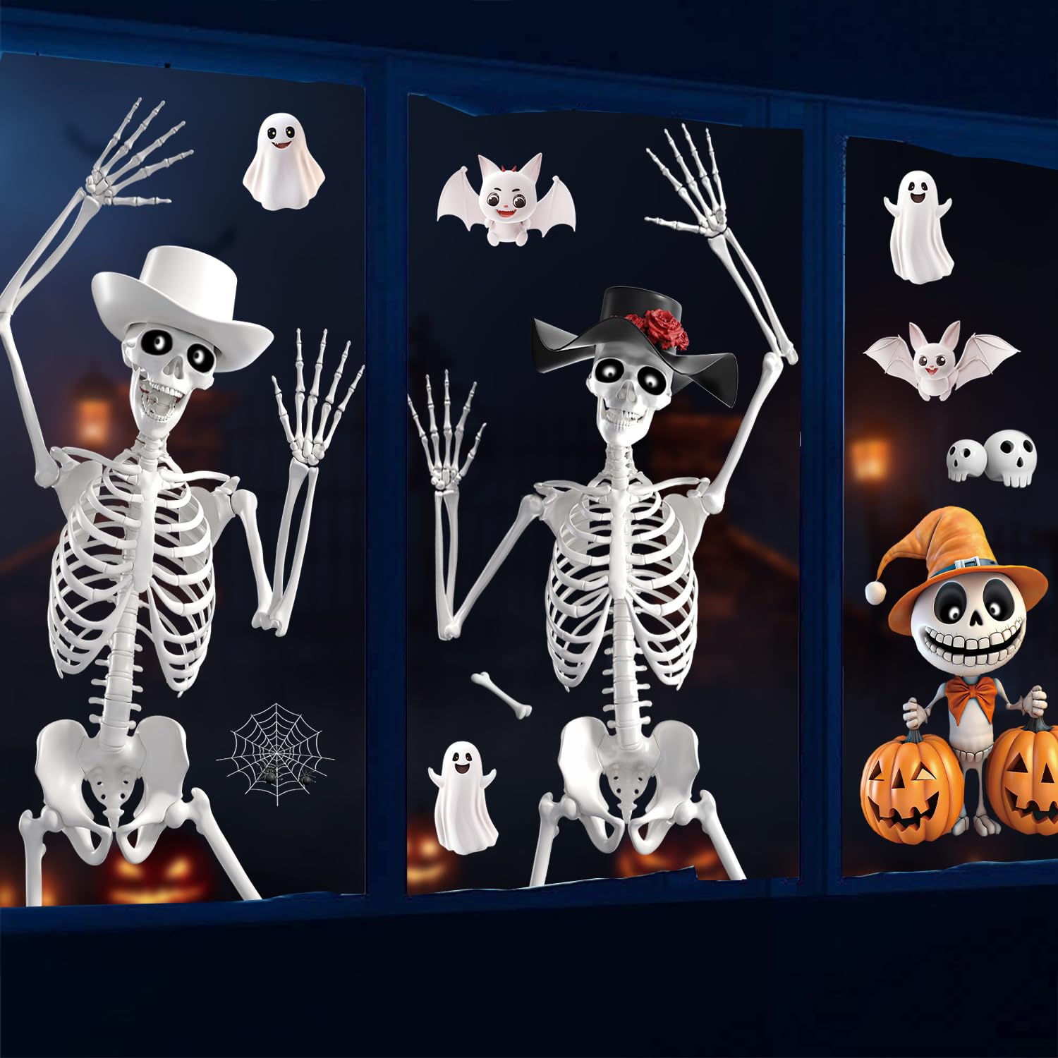 Fmdpzup White Halloween Decorations Window Stickers,4 Sheets 30 * 100Cm Exlarge Scary Skeletons Window Clings Decals With Ghost Pumpkins Perfect For Halloween Decoration