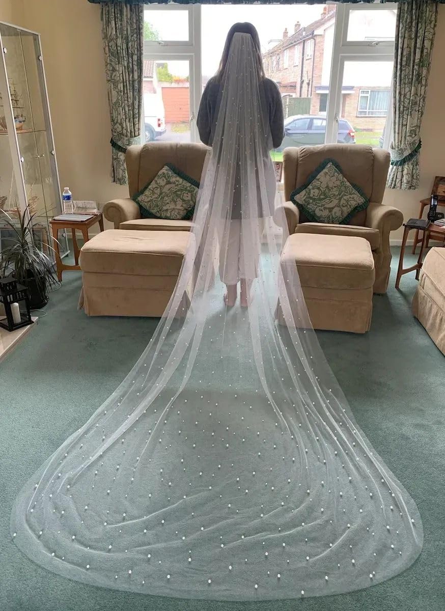 Velo da Sposa da Cattedrale Decorato con Perle e Pettine, Velo da Sposa Lungo Bianco Avorio a 1 Strato 75-300 cm, Velo da Sposa Elegante per Matrimonio, Accessori per Sposa