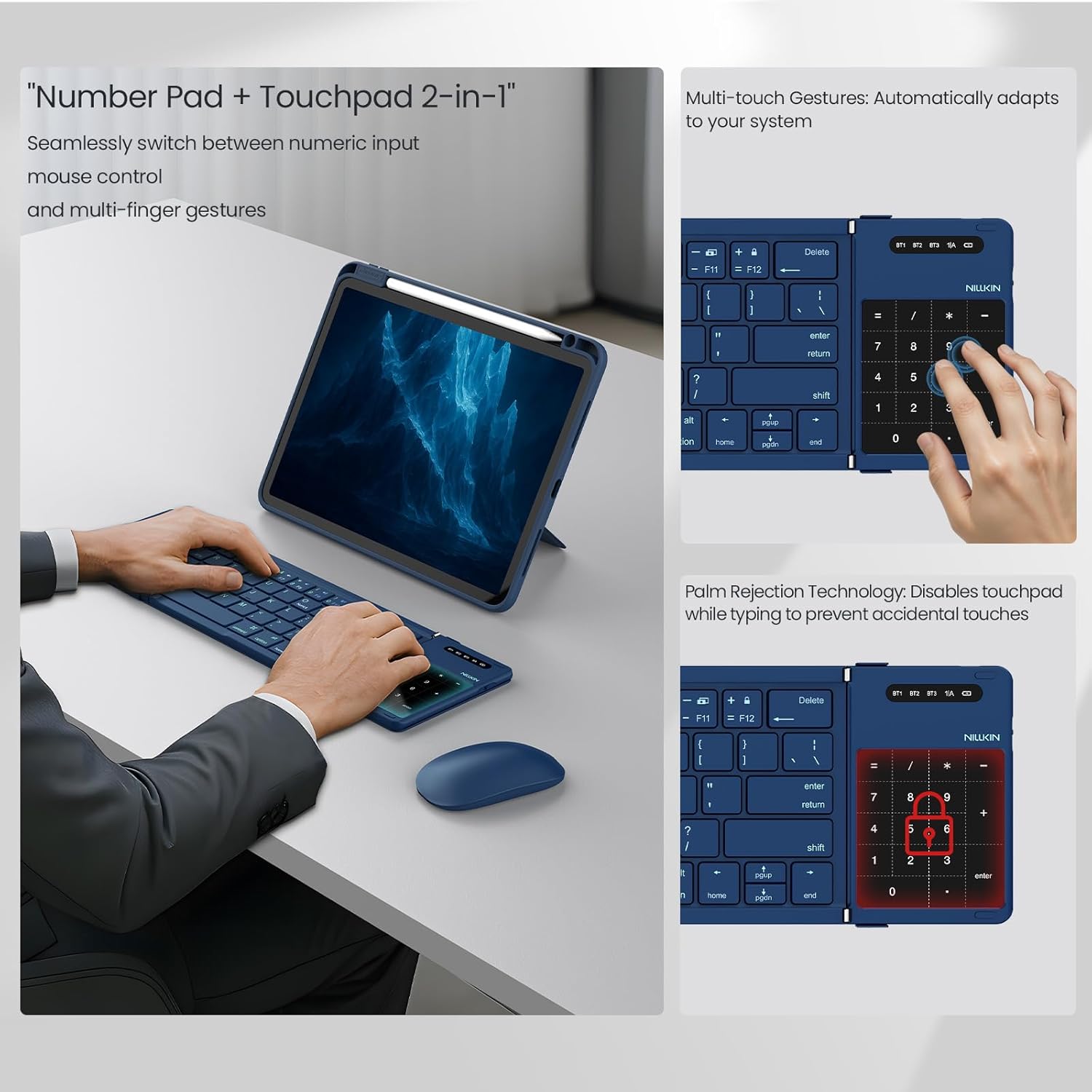 Nillkin Pocket Foldable Wireless Keyboard with Touchpad Number Pad for Travel Trip Meeting for Tablets Fold Phone Laptop PC, Full Size (Small) Magnetic Folding Keyboard (Blue)