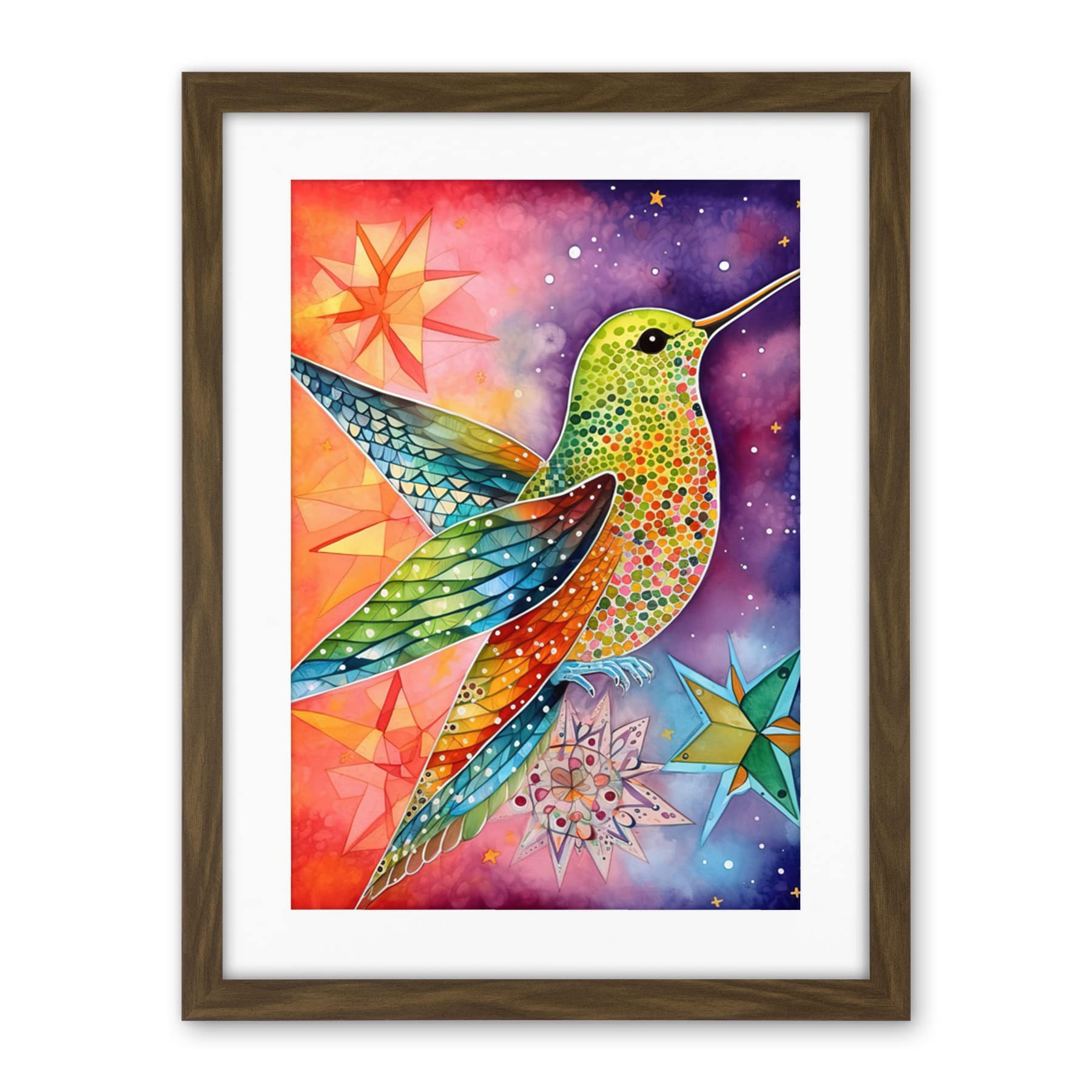 Artery8 Hummingbird In Vibrant Astral Field Folk Art Watercolour Painting Artwork Framed Wall Art Print 18X24 Inch