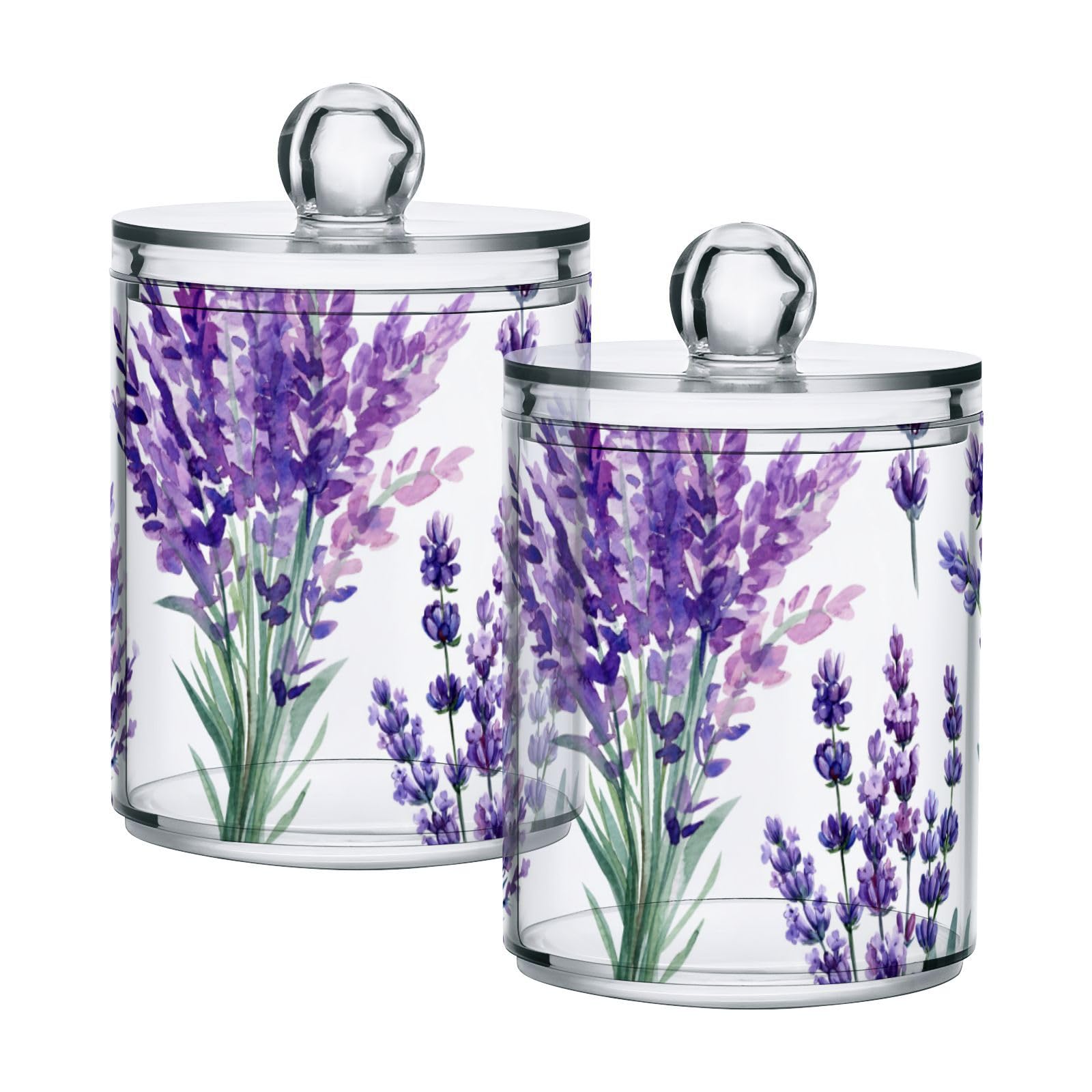 2 Pack Qtip Holder Dispenser for Cotton Ball Purple Lavender Bouquet 1 Cotton Swab Round Pads Clear Plastic Acrylic Jar Set Bathroom Canister