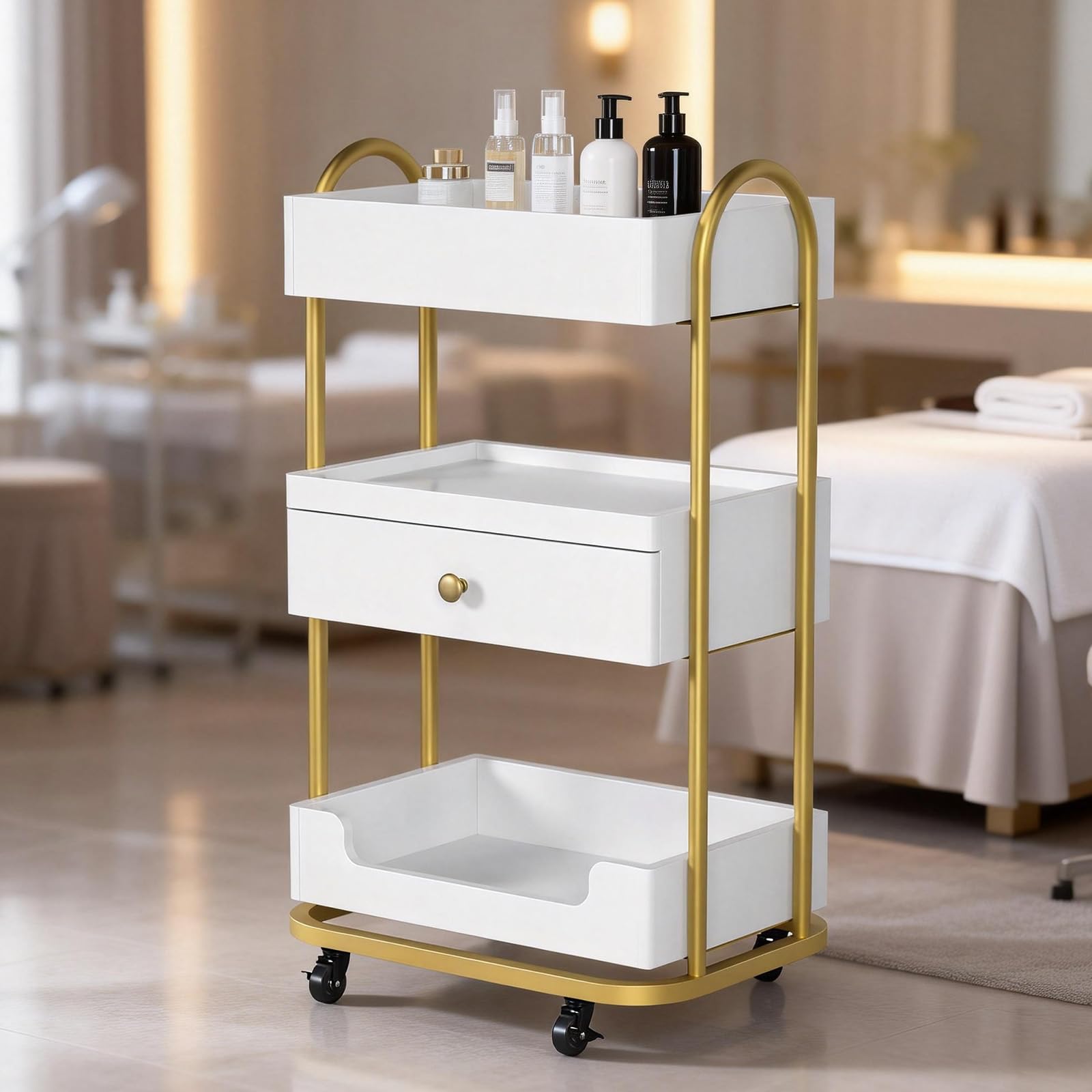 Bonnlo Friseurwagen Salon Trolley Rollwagen mit 4 Rollen 360° 3 Ablagen Schubladen MDF 46x31.5x81.5 cm Weiß-Gold
