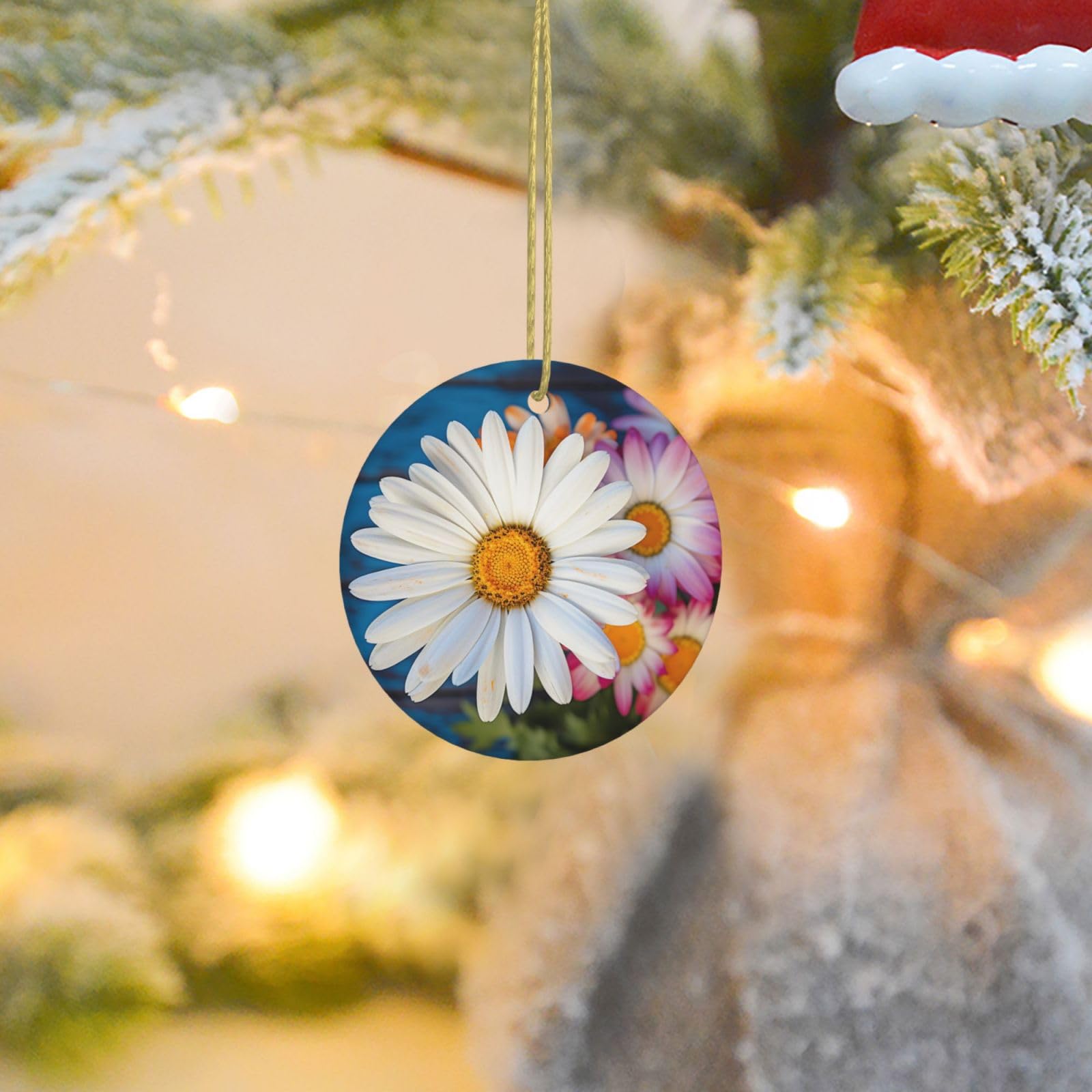 Christmas Ornaments for Christmas Tree Decoration Ceramic Hanging Barberton Daisy Ornament with Gold Ribbon Crafts Round Pendant for Keepsake Gifts Glass Xmas Decor Party Supplies