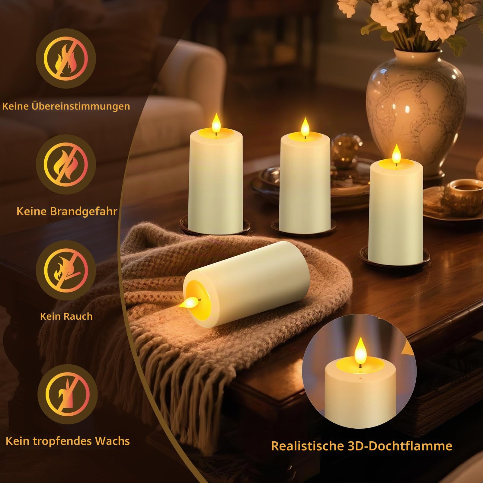 PChero 4er Set LED Kerzen Aufladbar mit Fernbedienung & Ausblasfunktion | Elektrische Wiederaufladbare Kerzen mit Timerfunktion, 90–200 Std. Laufzeit, LED Stumpenkerzen, Halloween Weihnachten Deko