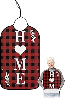 QueenKer Funny Adult Bibs for Eating, Happy Christmas Heart Home Red Plaid Waterproof Clothing Protector Washable Adult Bib with Crumb Catcher for Men Women Elderl and Seniors