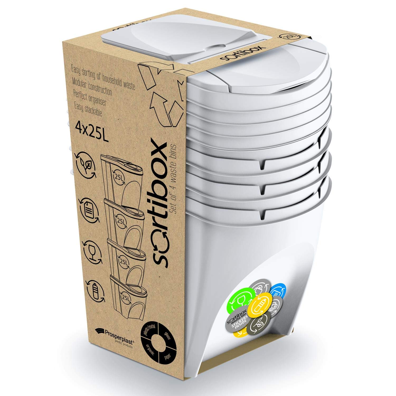 Prosperplast Sortibox Lot de 4 poubelles de cuisine (80 l 4 x 25 l) - Poubelle de tri sélectif - Poubelle de salle de bain