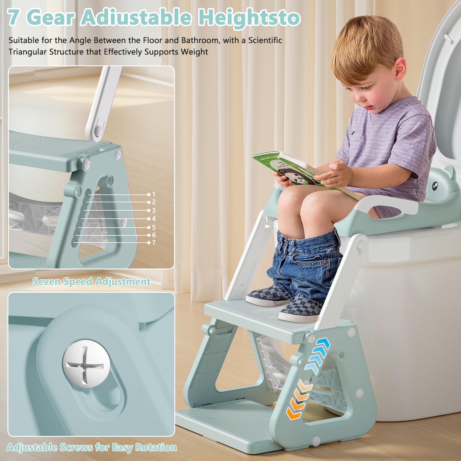 Riduttore WC Bambini con Scaletta, Riduttore WC Bambini, Scaletta WC per Bambini con PU Cuscino, Regolabile e Pieghevole, Adattatore WC per Bambini per Tazze a V, U, O