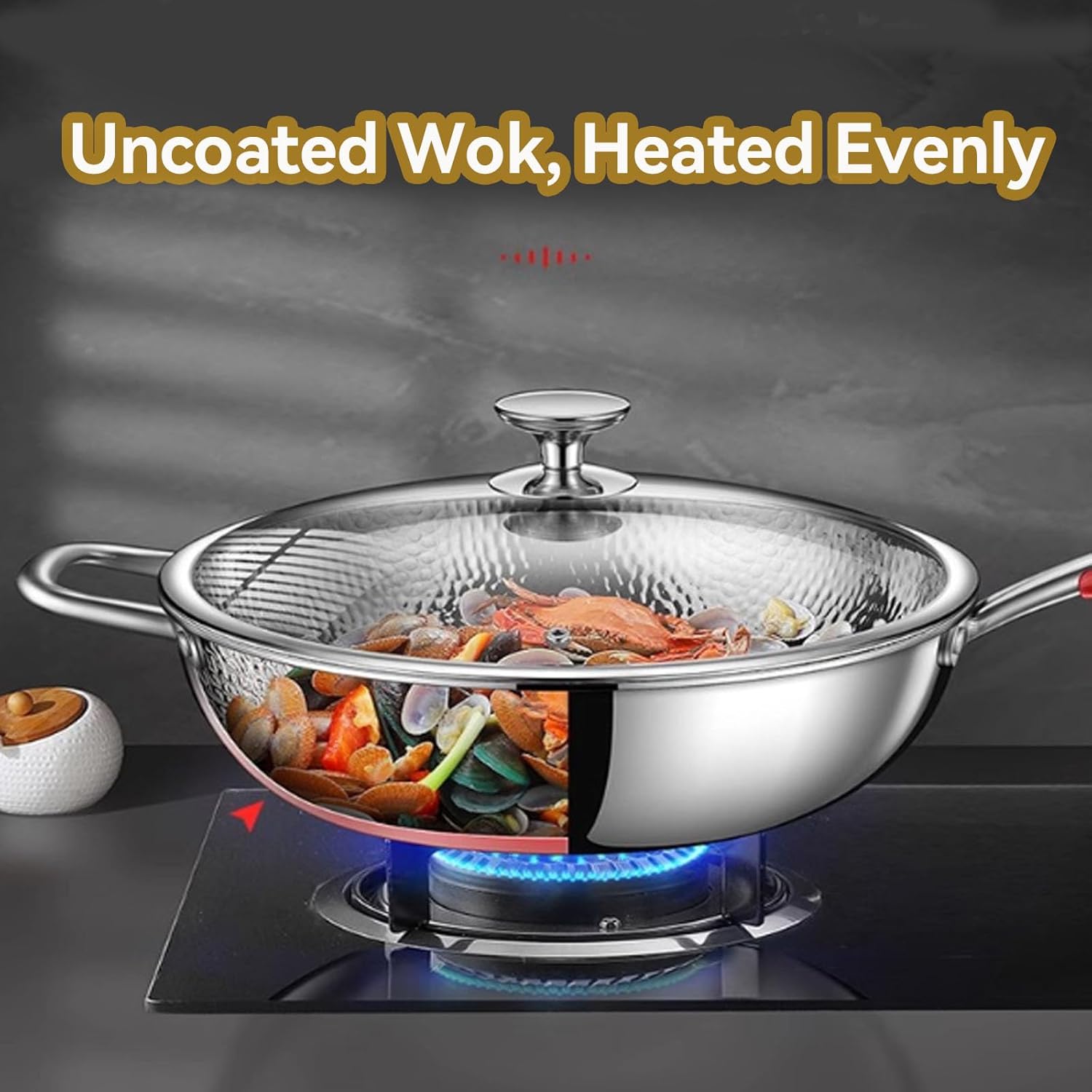 Titanium Hammered Wok, 2026 New Upgrade Non Stick No Coating Titanium Frying Pans for Cooking, Ultra-Durable, Scratch-Resistant, Safe for Oven, Induction & Cooktops,With lid,13.38in